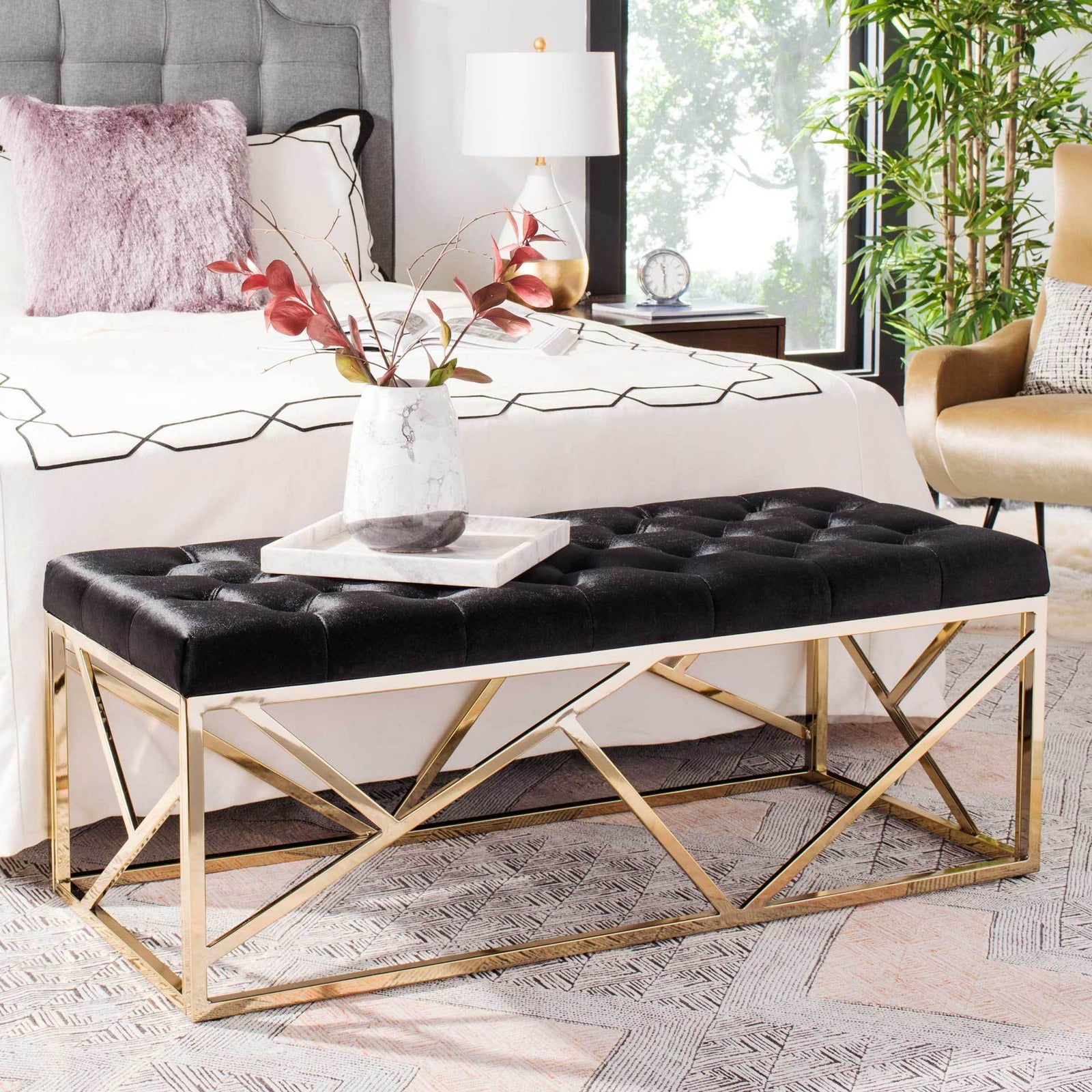 Fatima Tufted Rectangular Bench Black/Brass