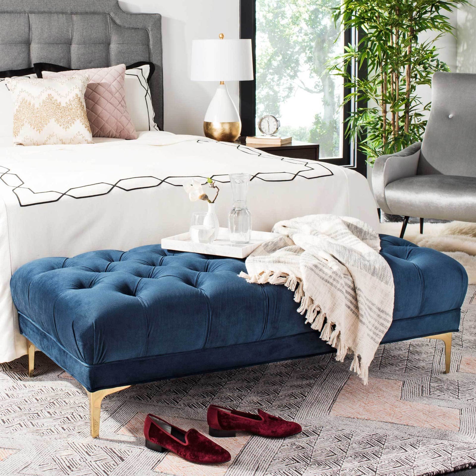 Zane Tufted Rectangular Bench Navy/Brass