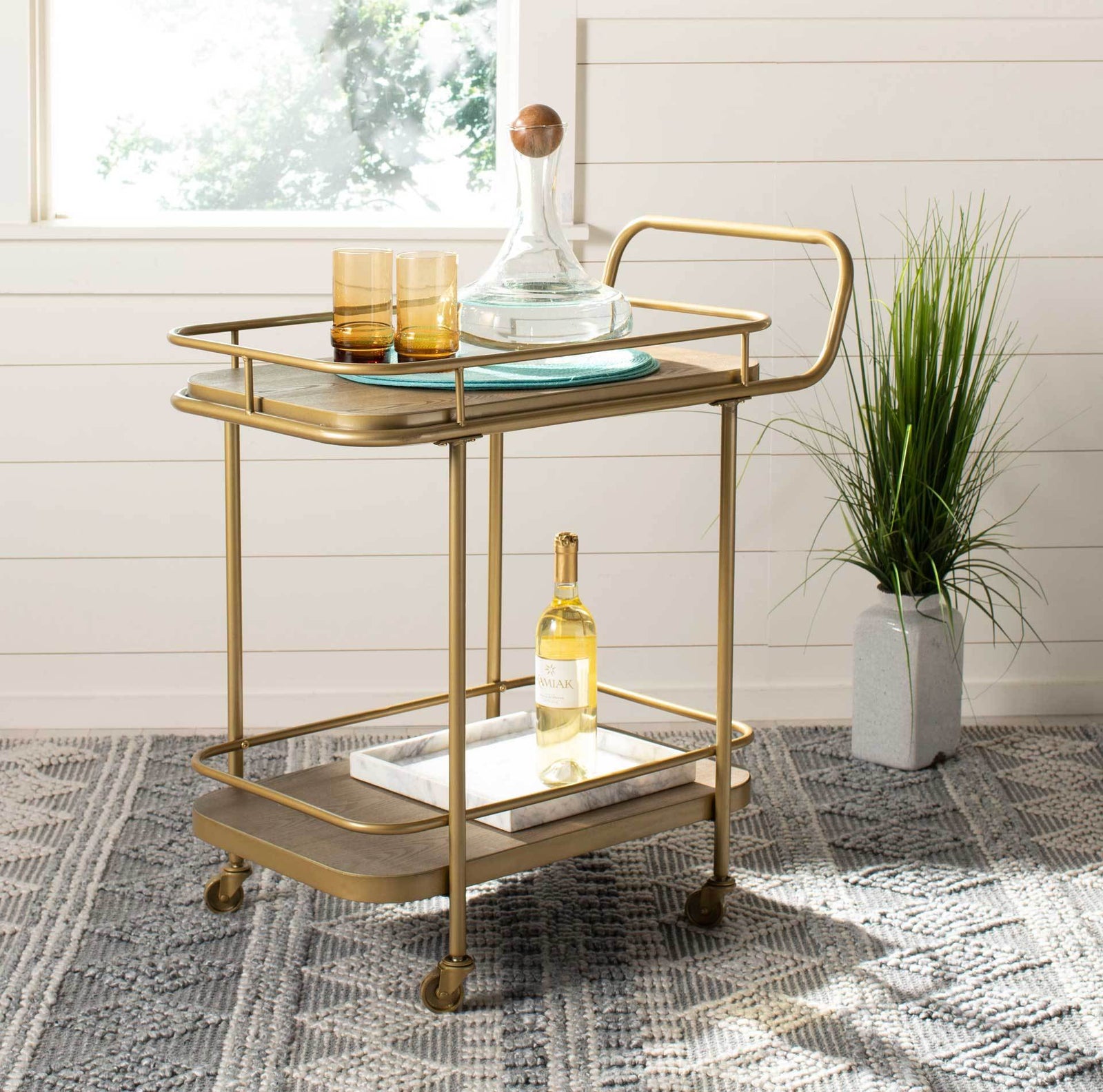 Gabriela 2 Tier Rectangle Bar Cart Rustic Oak/Gold