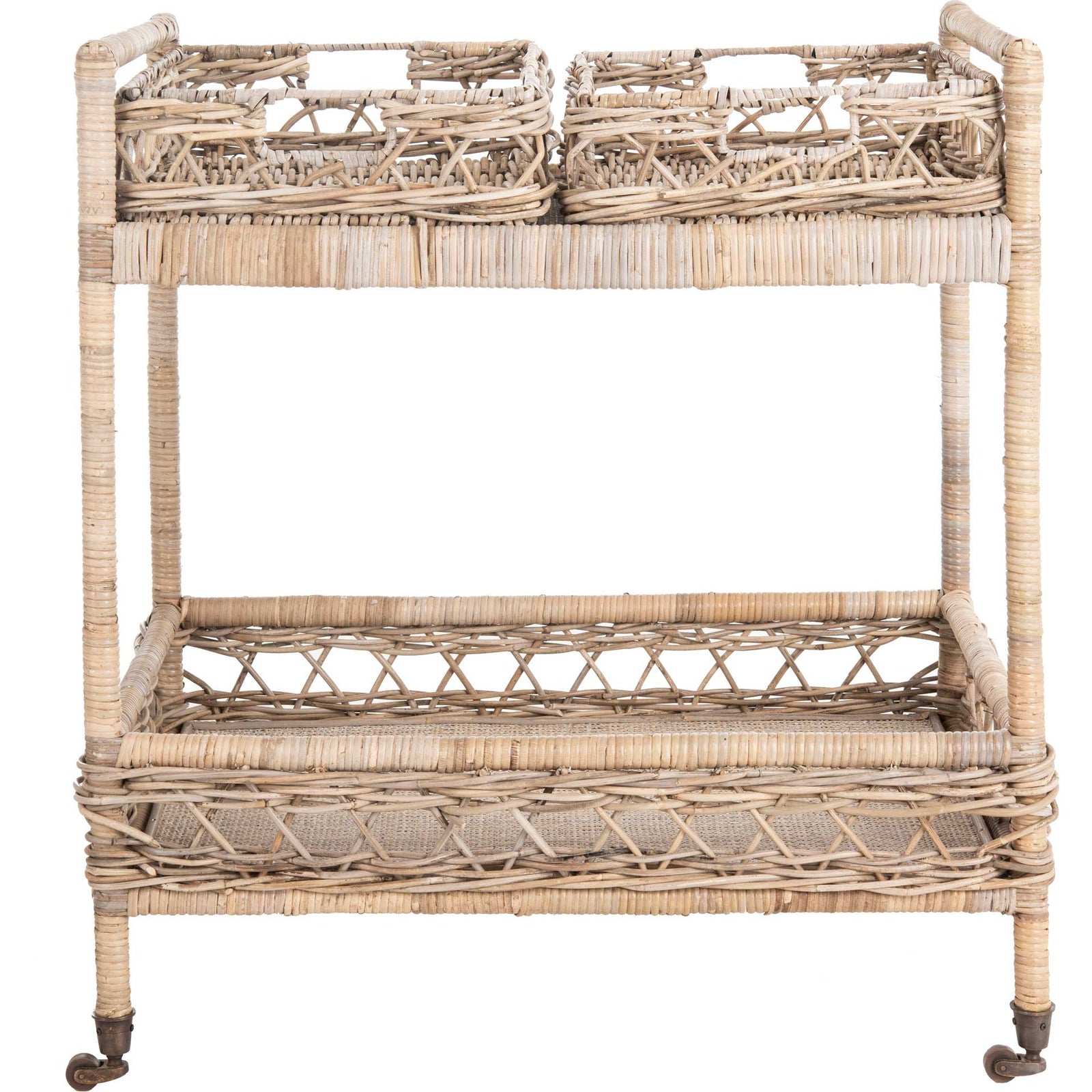 Amalia 2 Tier Rattan Bar Cart Gray Wash/Antique Brass