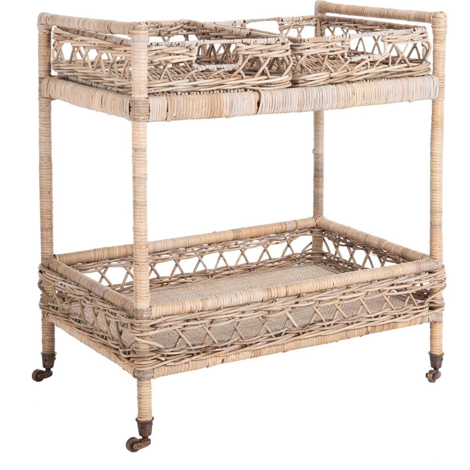 Amalia 2 Tier Rattan Bar Cart Gray Wash/Antique Brass