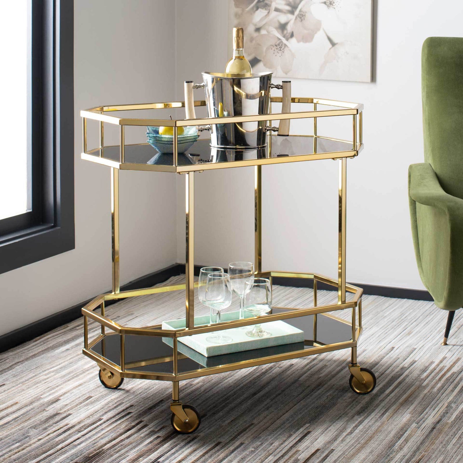 Sincere 2 Tier Octagon Bar Cart Brass/Tinted Glass