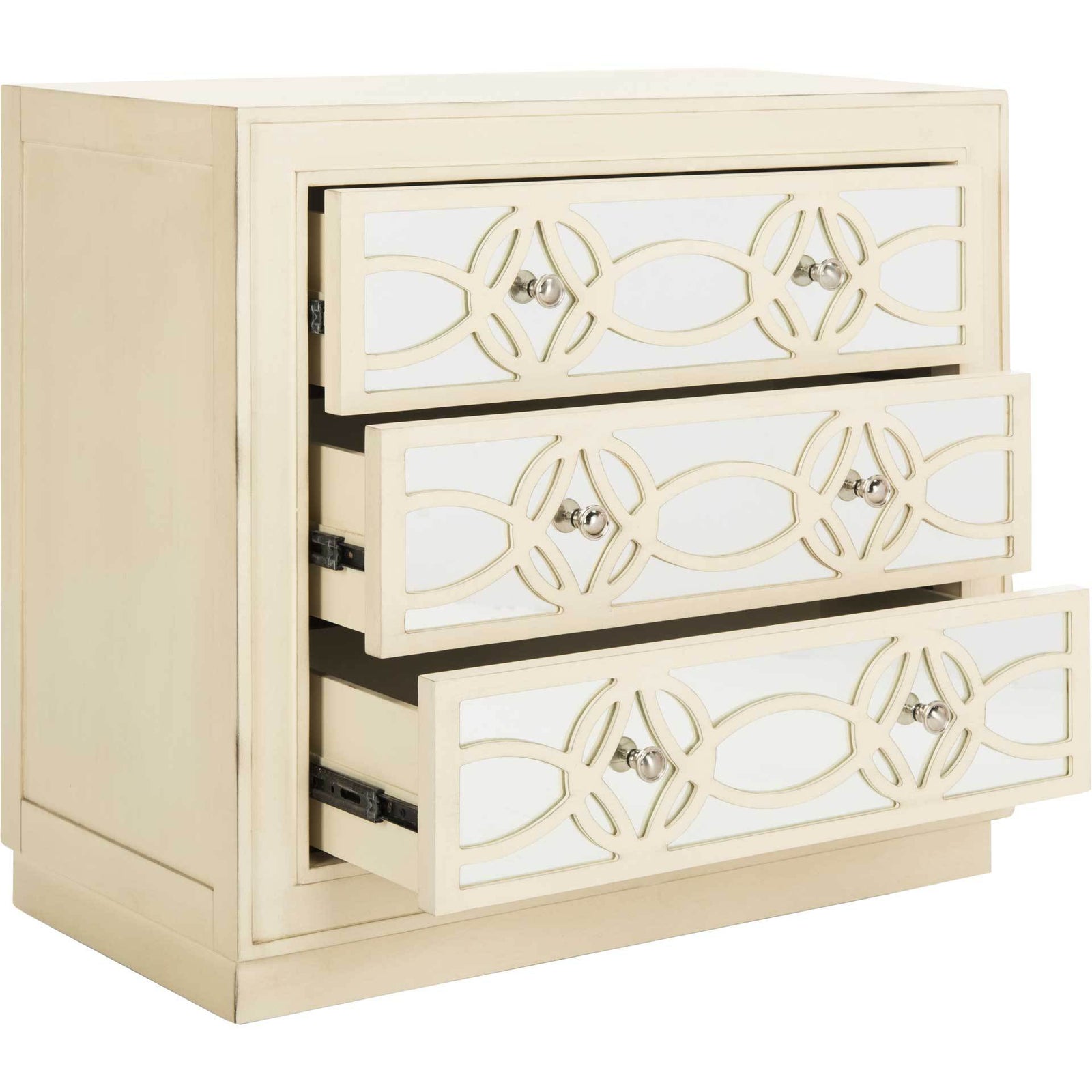 Cayden 3 Drawer Chest Antique Beige/Nickel/Mirror