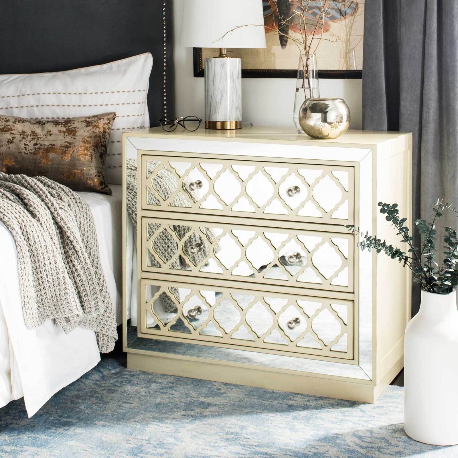 Amira 3 Drawer Chest Antique Beige/Nickel/Mirror