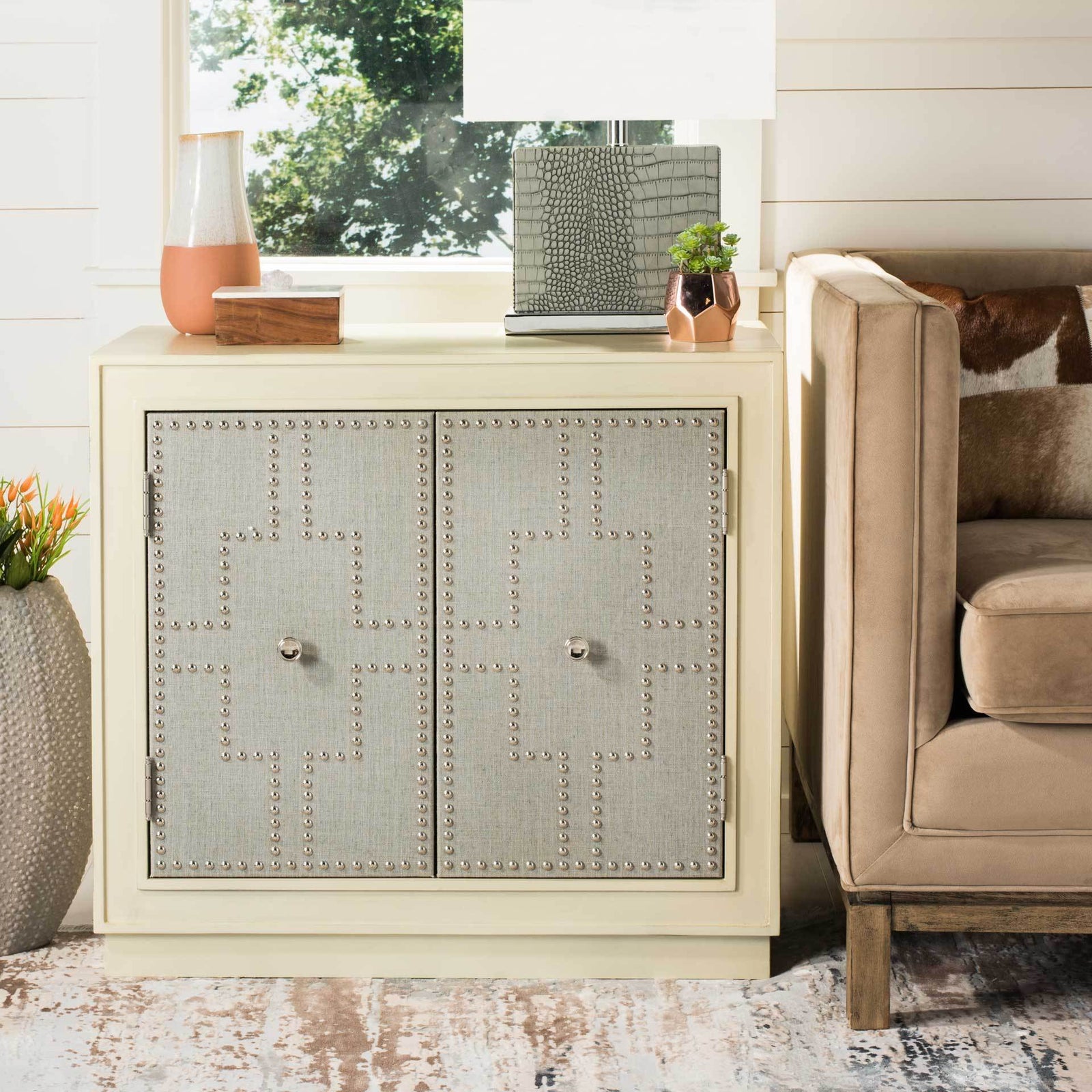 Azaria 2 Door Chest Antique Beige/Nickel/Mirror