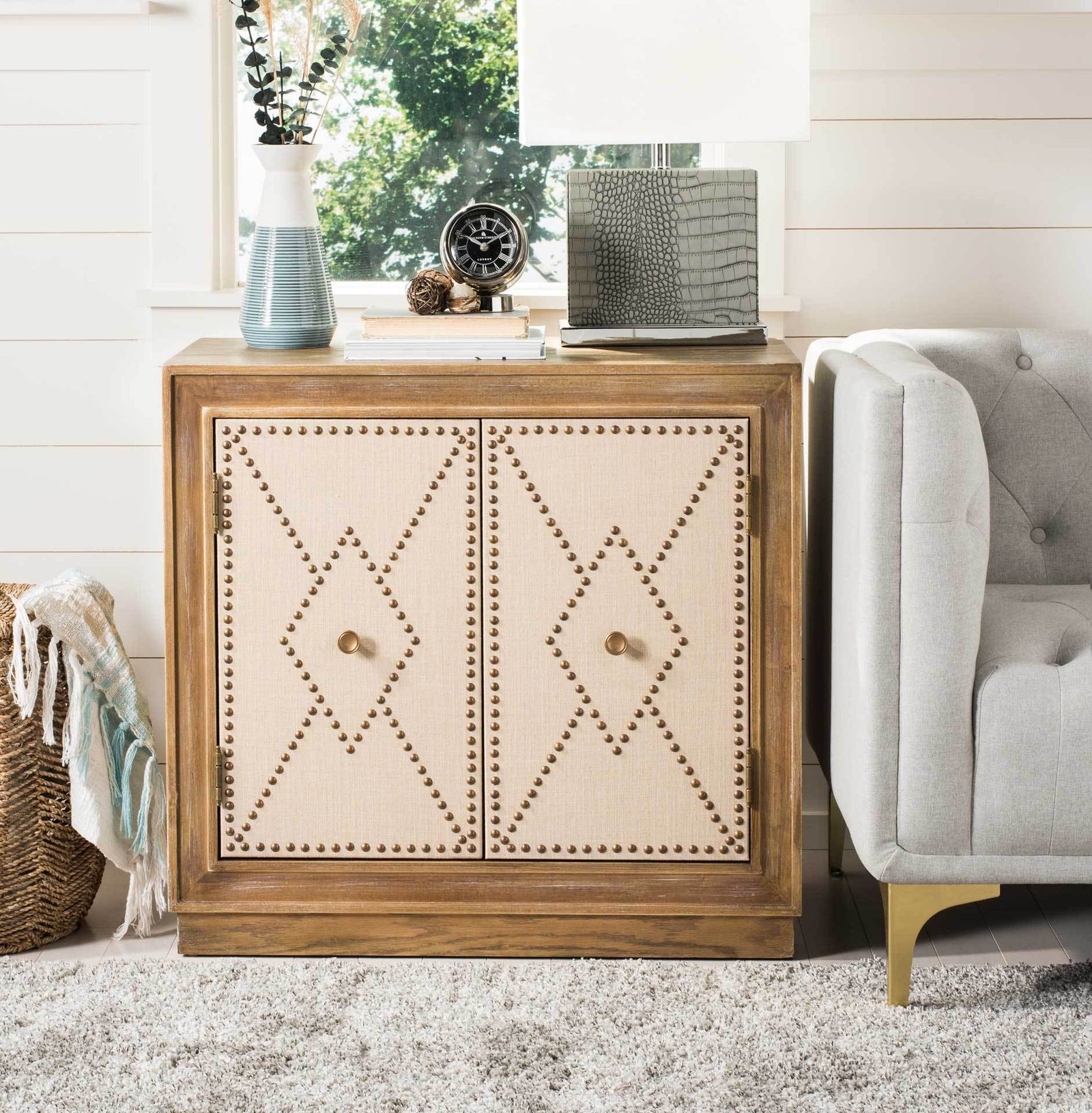Erabella 2 Door Chest Oak Linen/Copper/Mirror