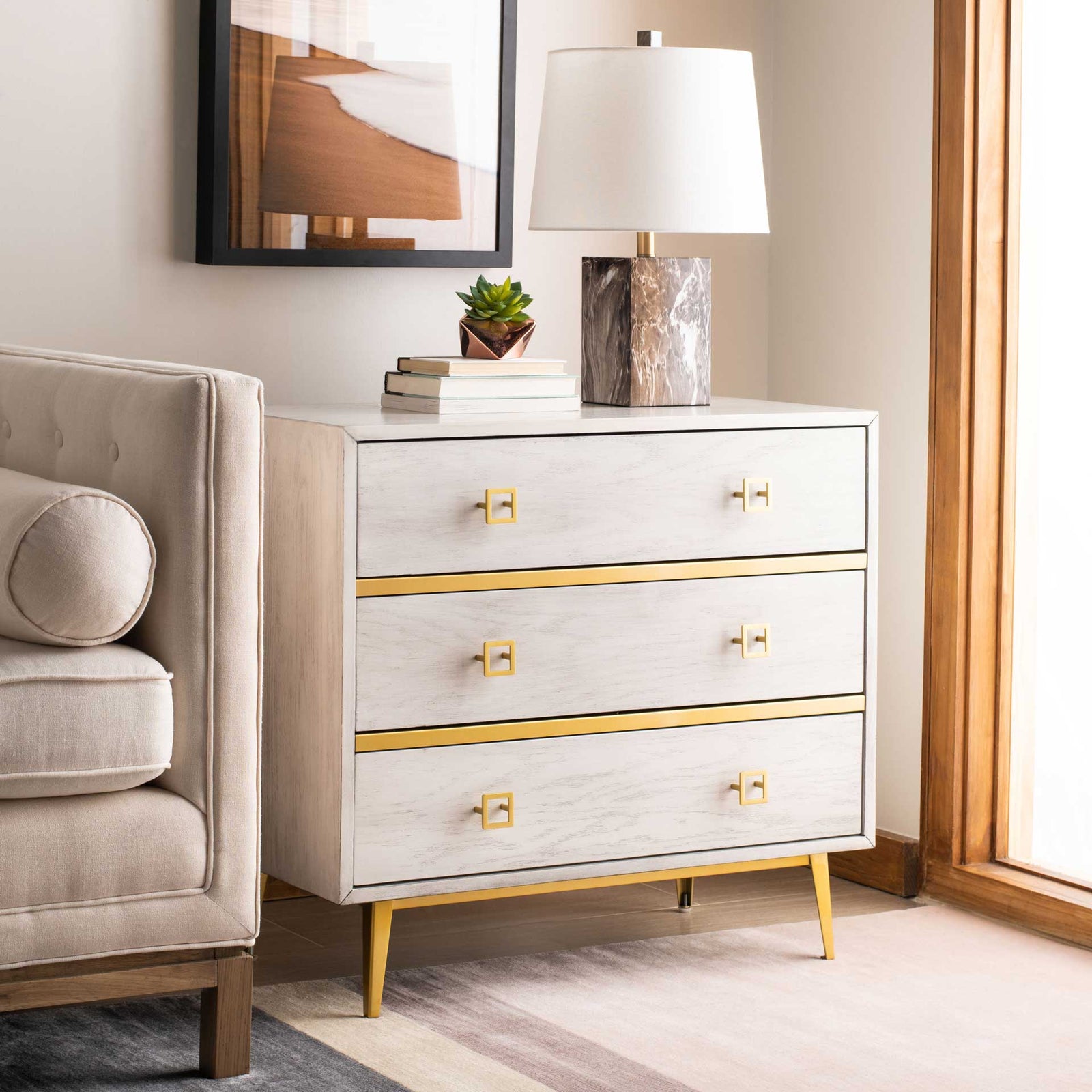 Kaiya 3 Drawer Chest White Wash/Gold