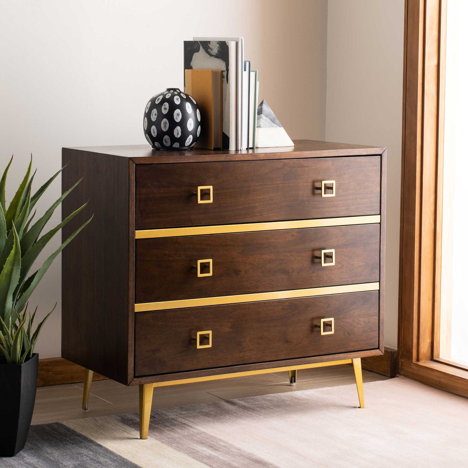 Kaiya 3 Drawer Chest Natural Walnut/Gold