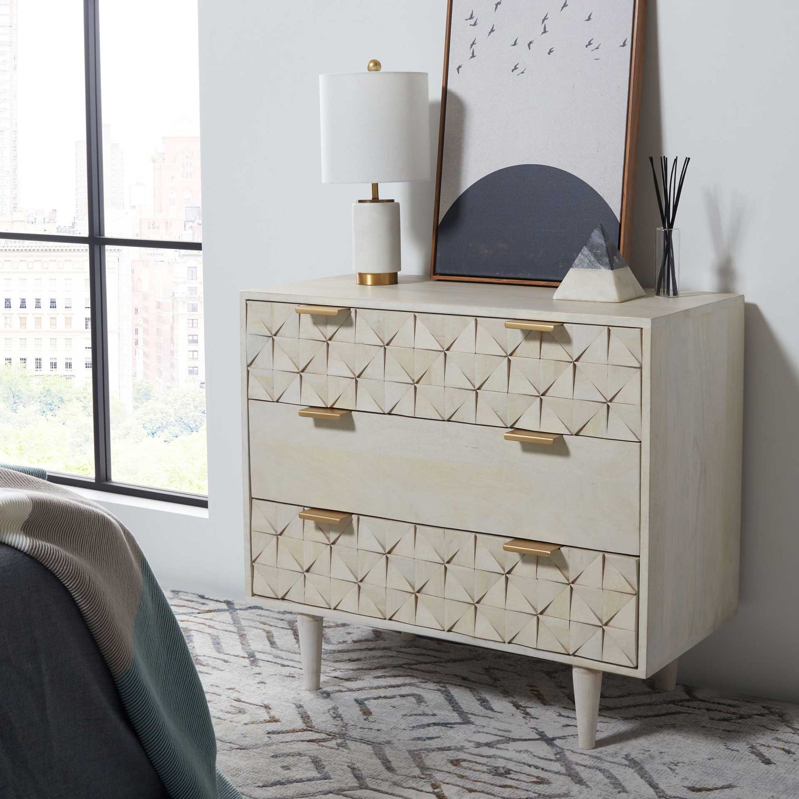 Zion 3 Drawer Chest White Wash/Brass