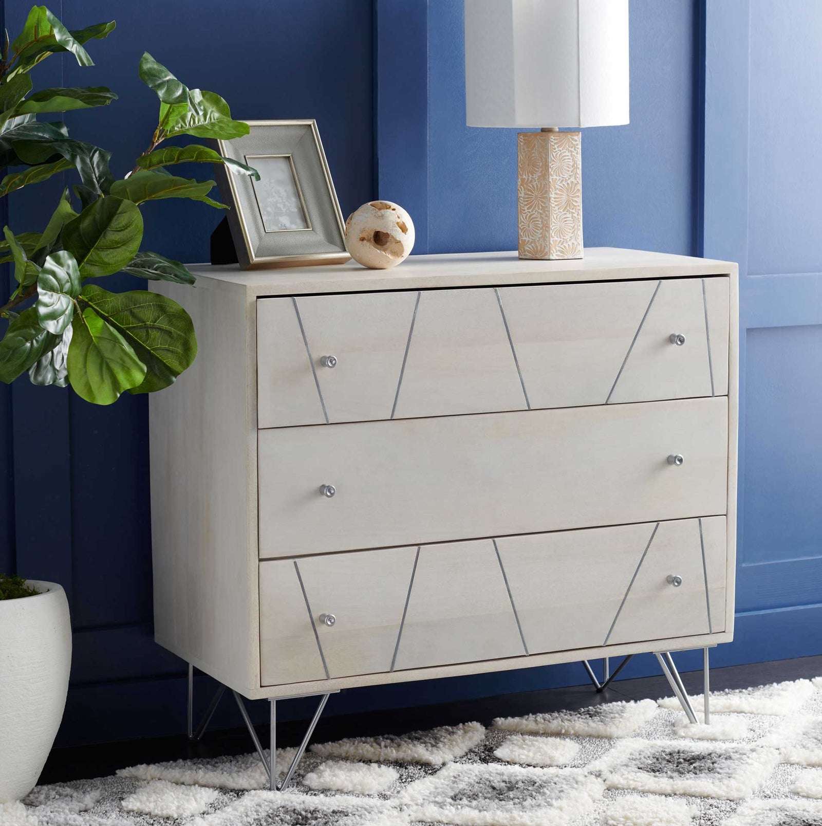 Macey 3 Drawer Chest White Wash/Silver