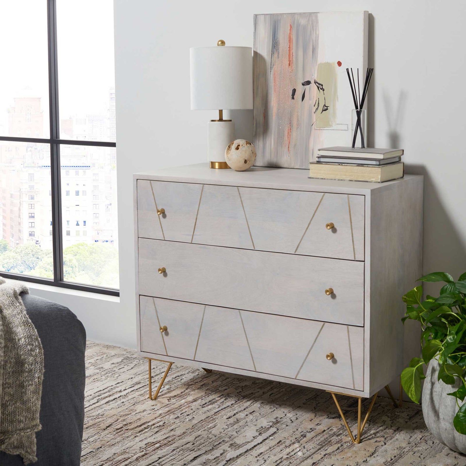 Macey 3 Drawer Chest White Wash/Brass