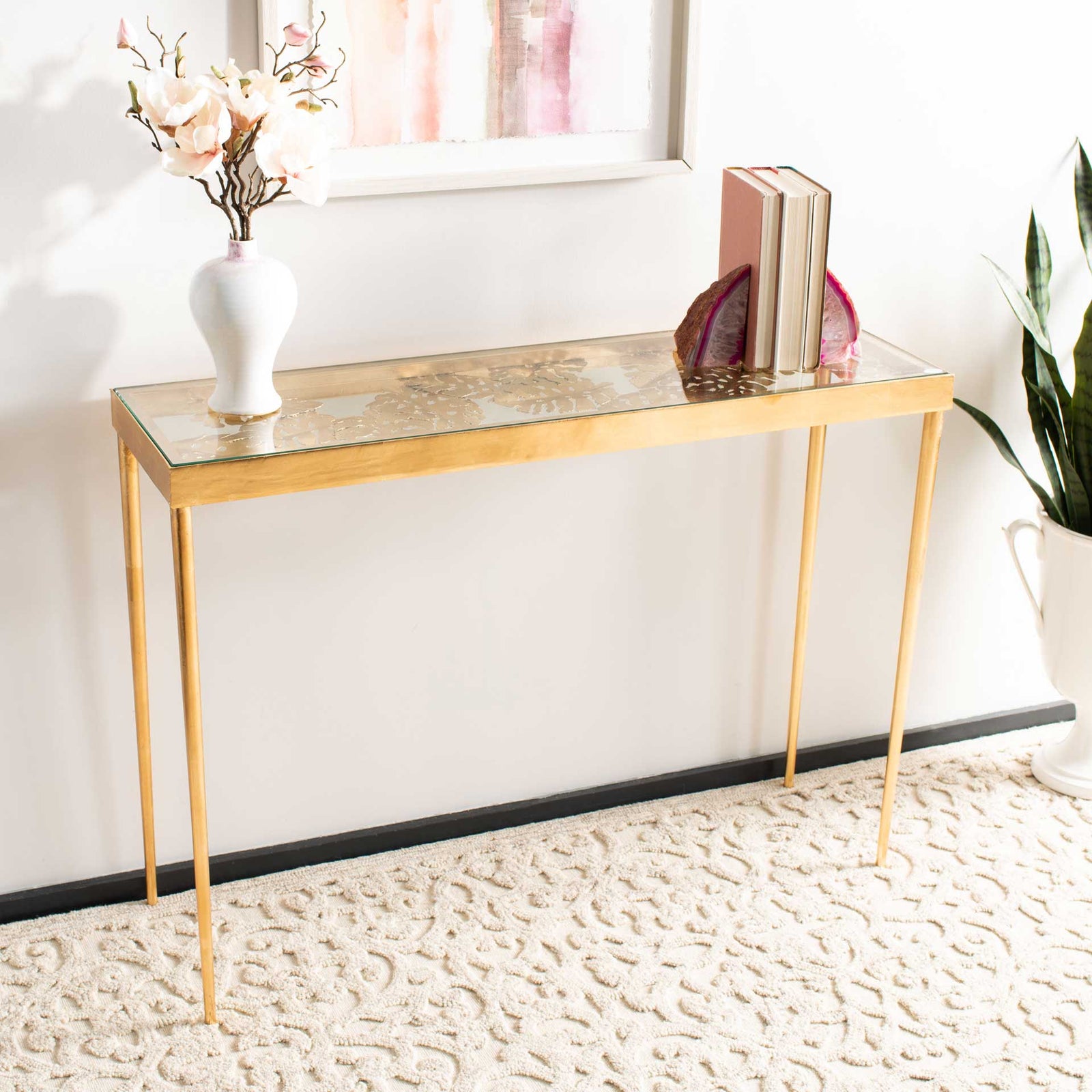 Leonie Palm Leaf Console Table Gold/Glass