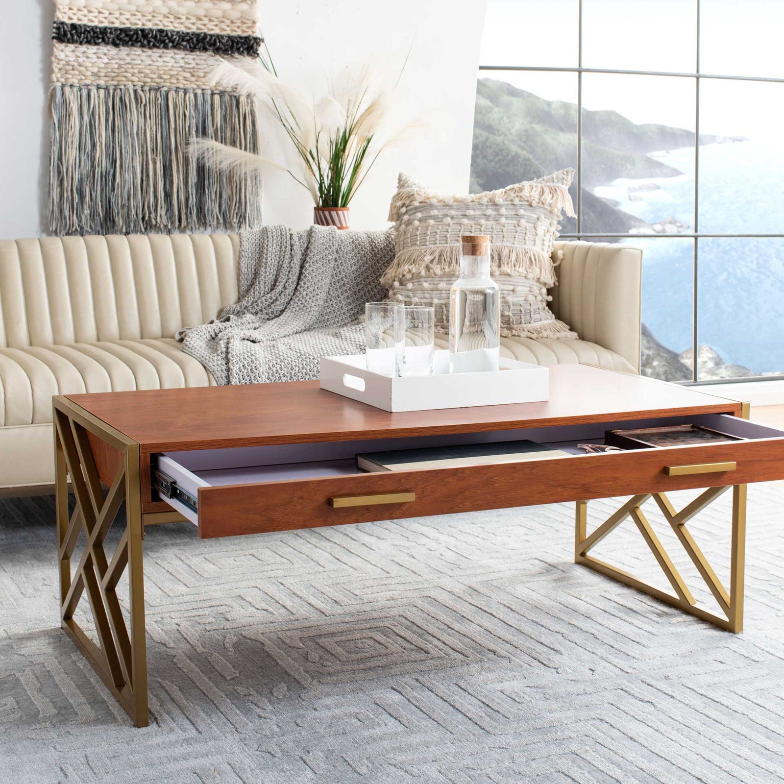 Elias 2 Drawer Coffee Table Natural/Gold