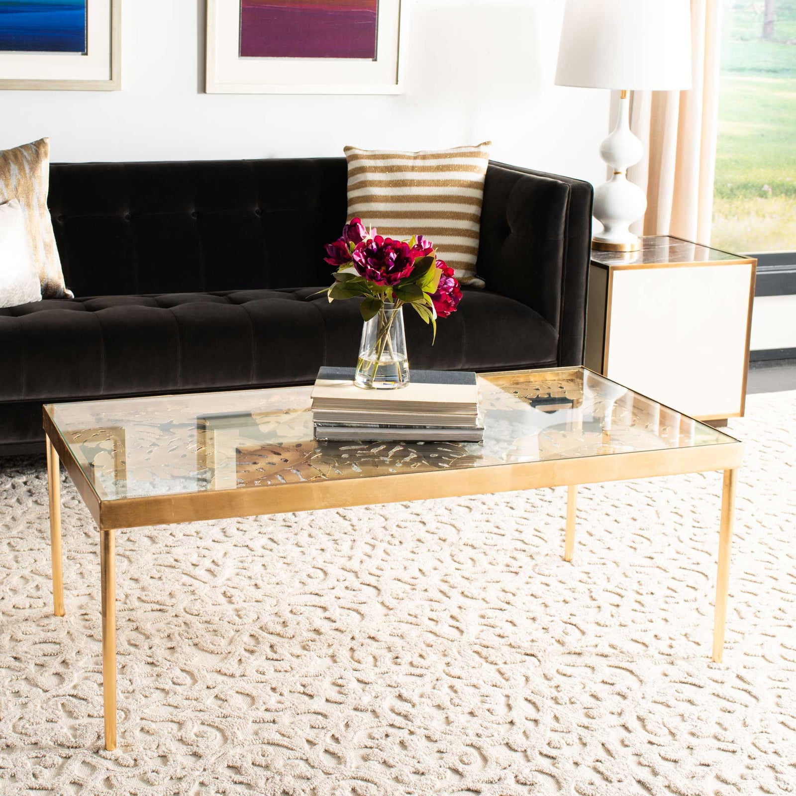 Leonie Palm Leaf Coffee Table Gold/Glass