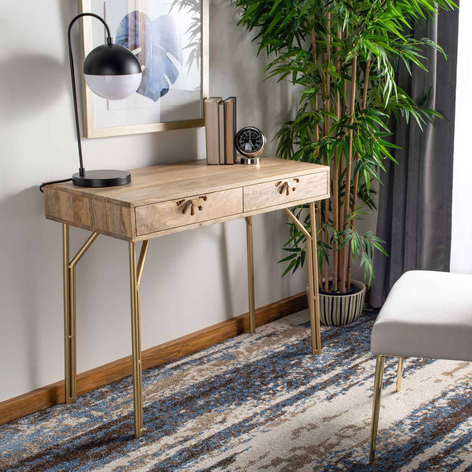 Lian 2 Drawer Desk Natural/Brass