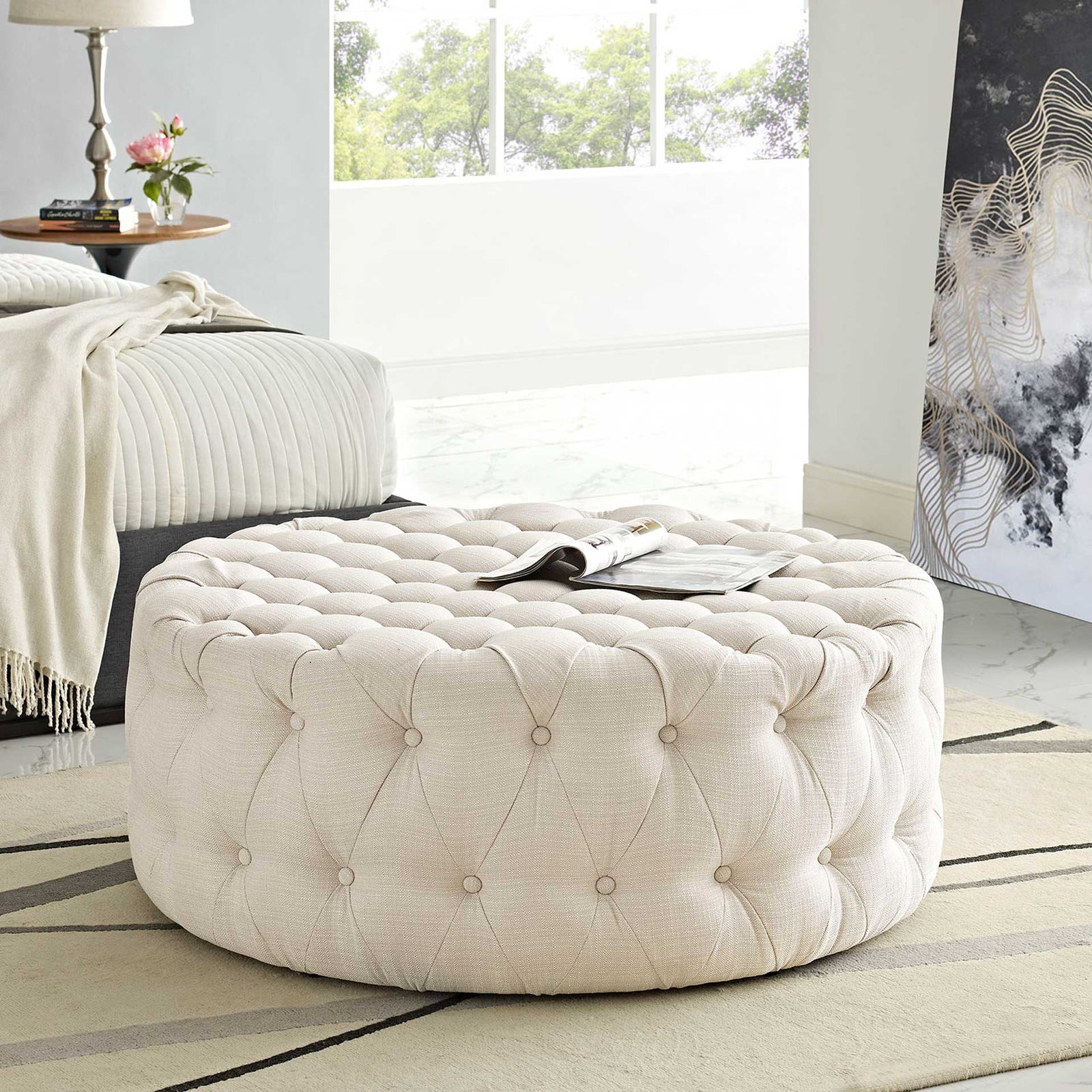 Alain Upholstered Fabric Ottoman Beige