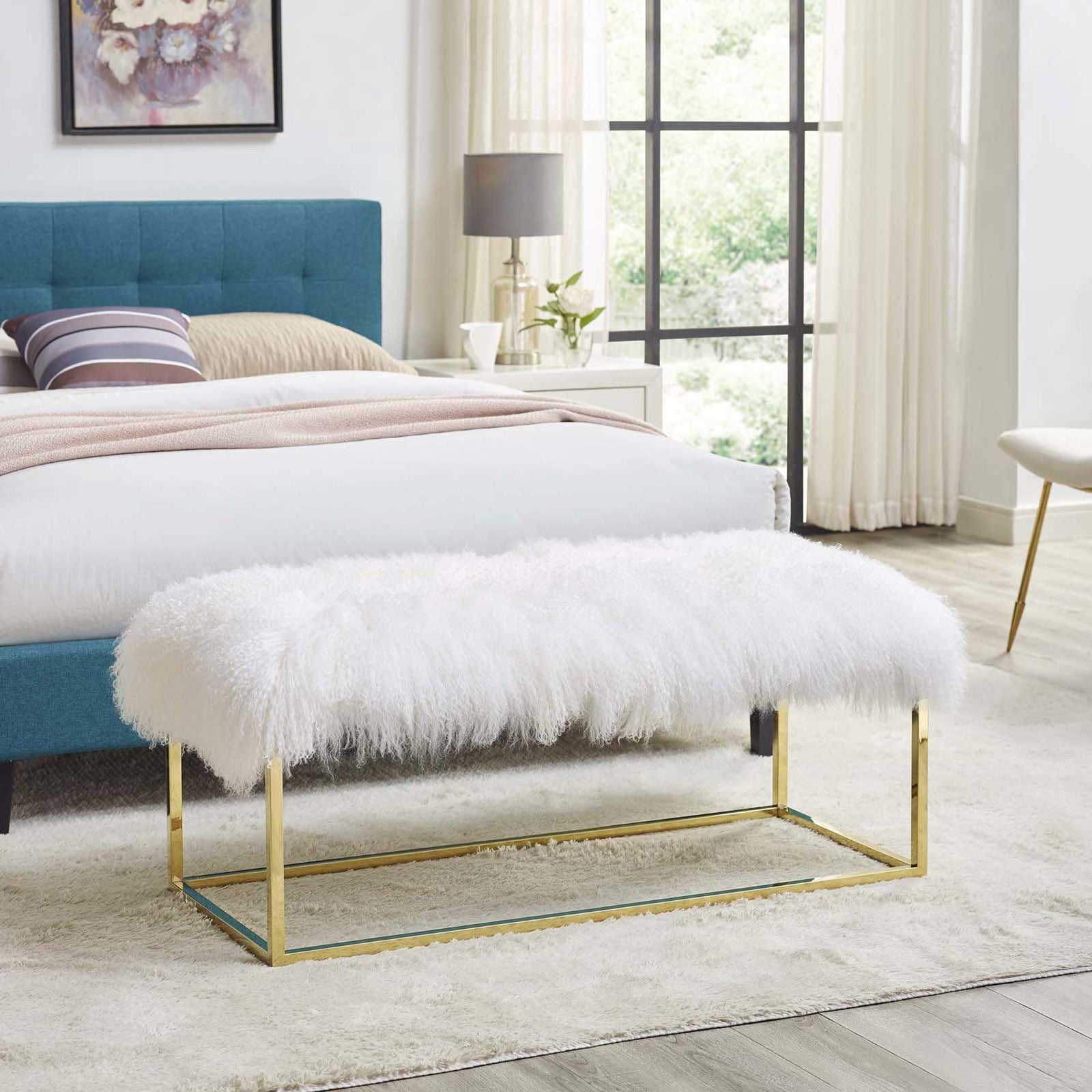 Alden White Sheepskin Bench Gold