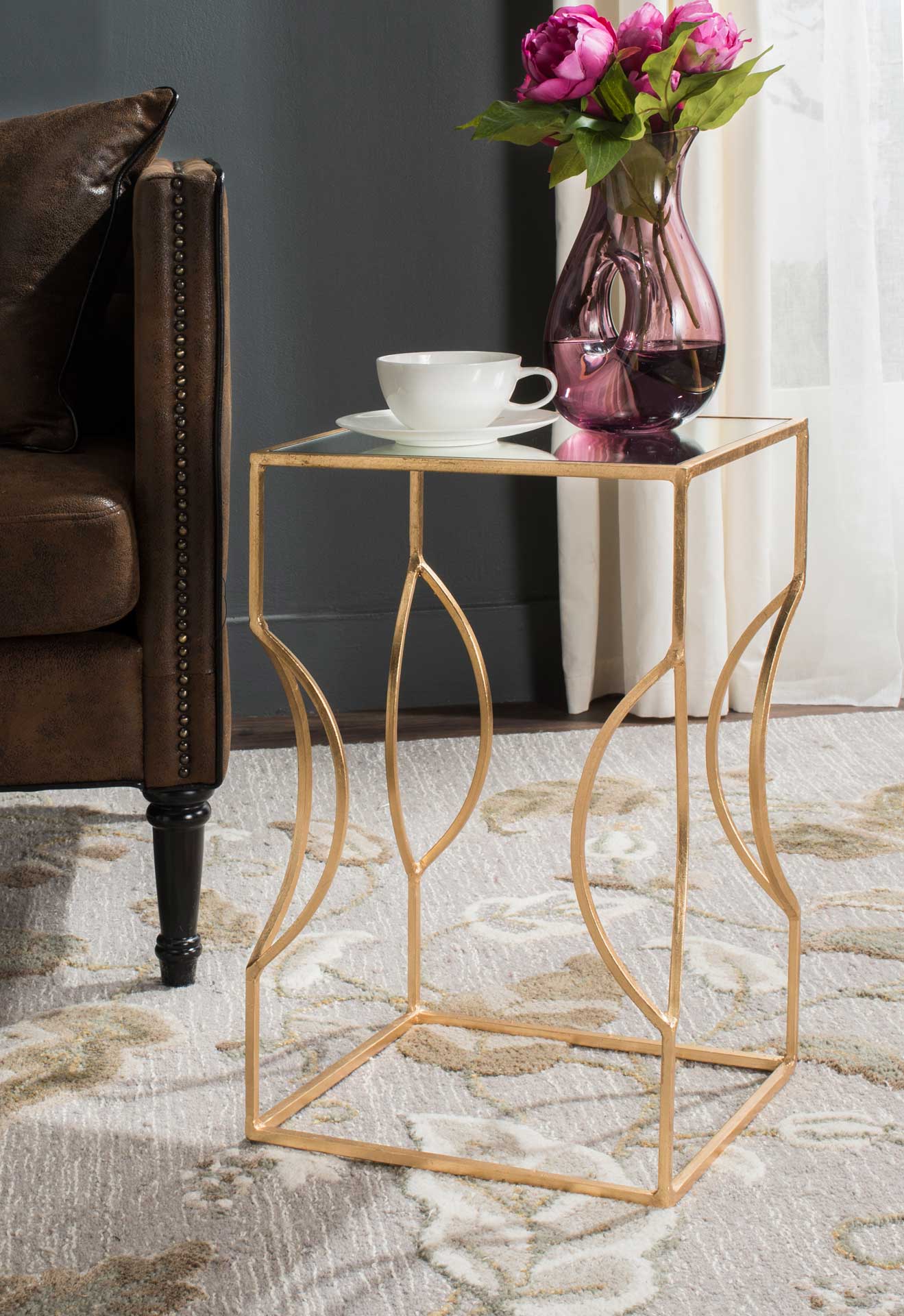 Velvet Poms Gold Leaf End Table Antique Gold