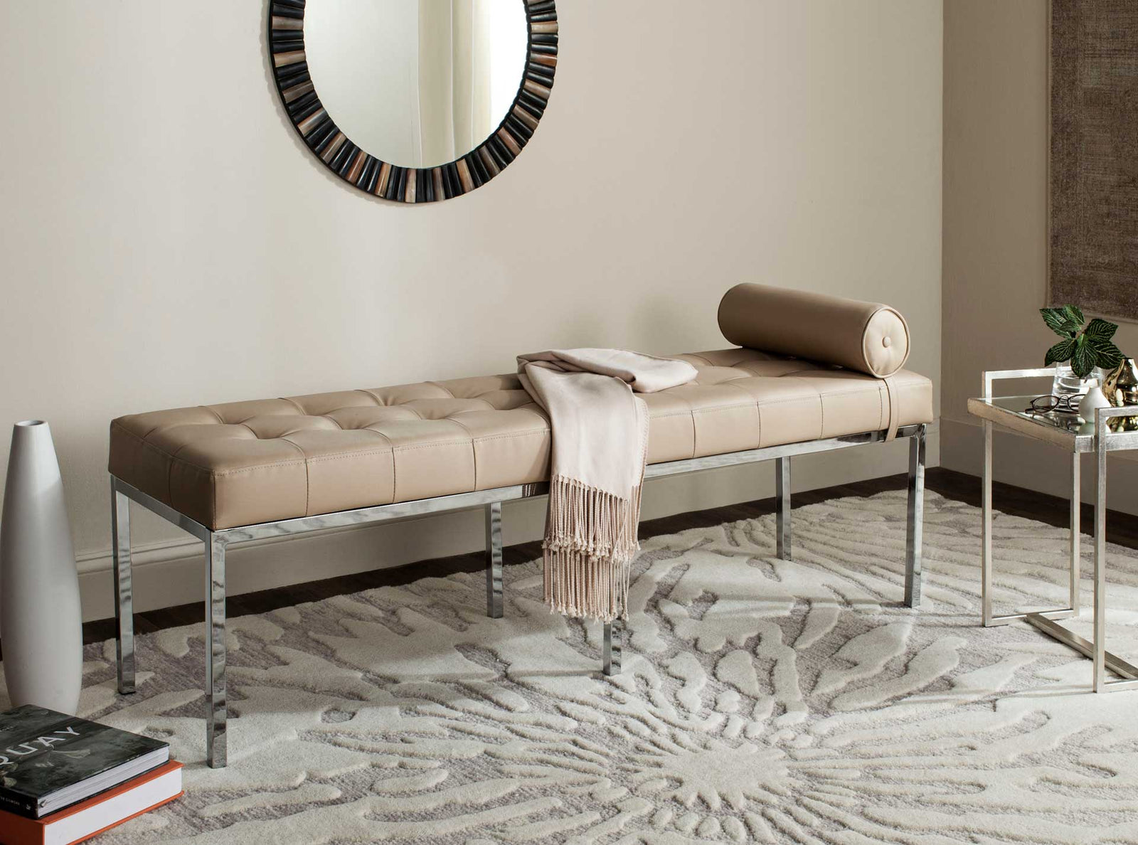 Xander Leather Tufted Bench With Pillow Beige