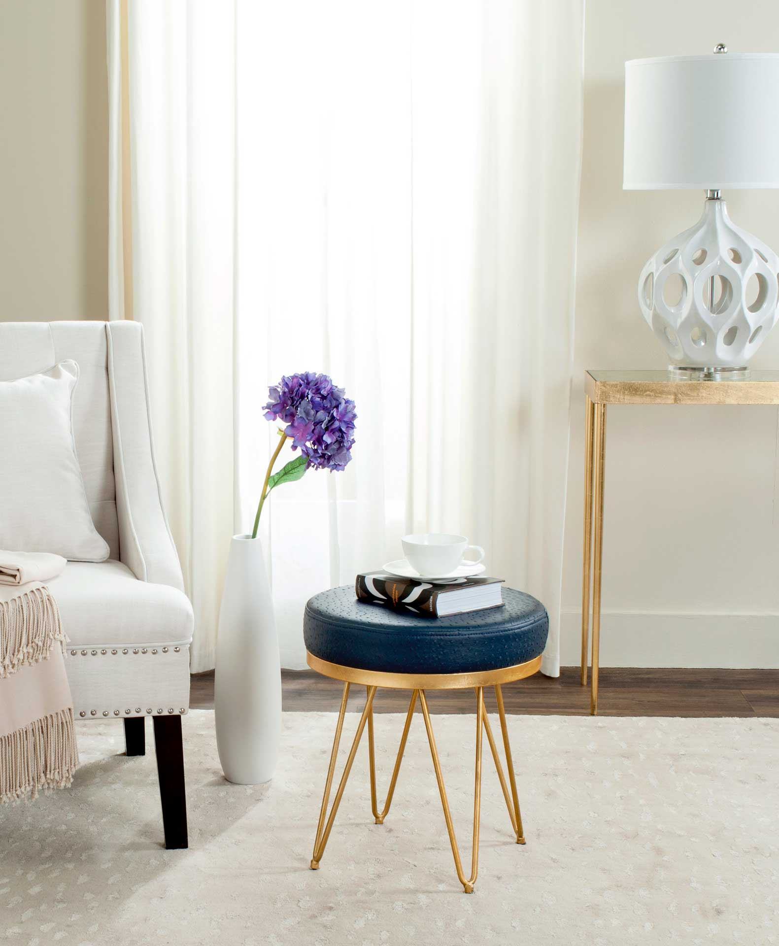 Jennifer Faux Ostrich Round Bench Navy