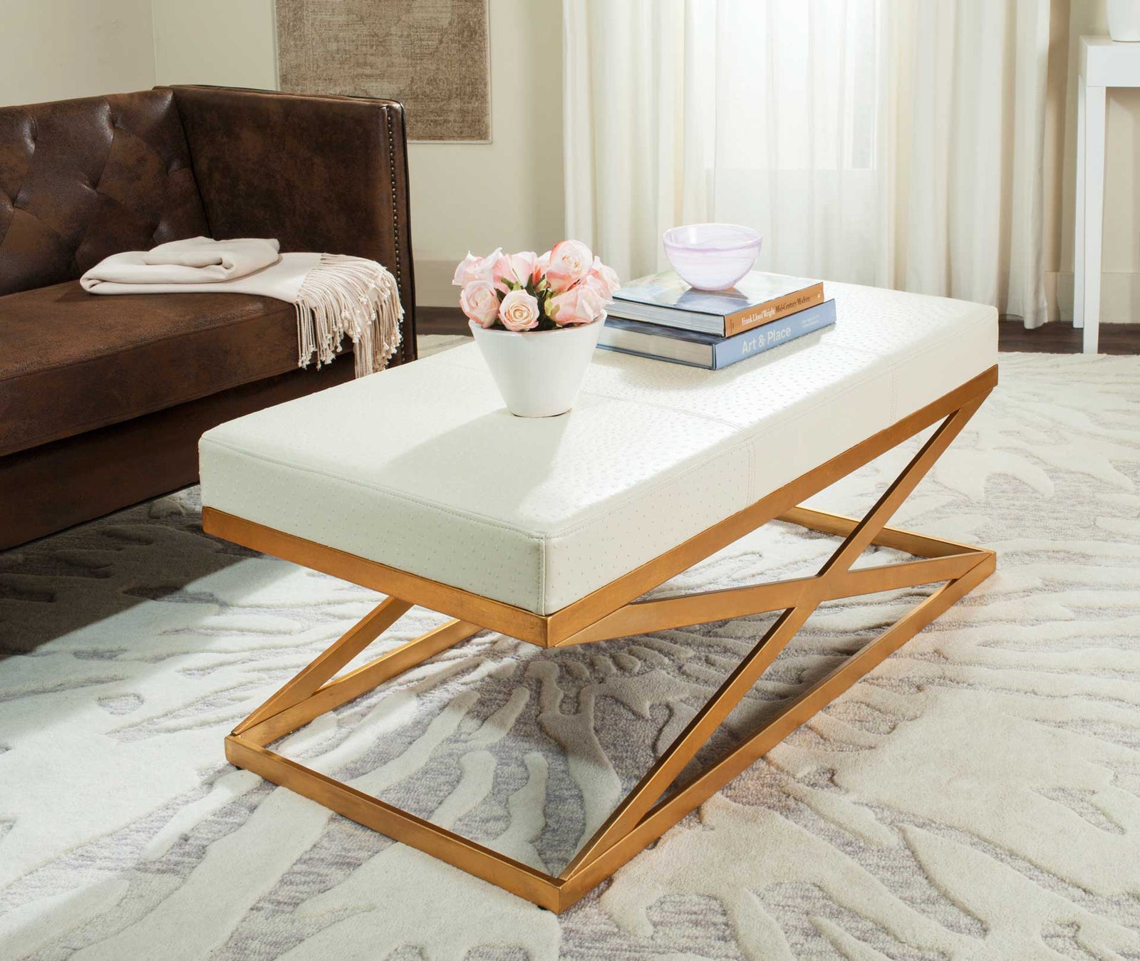 Alaric Faux Ostrich Bench Creme/Gold