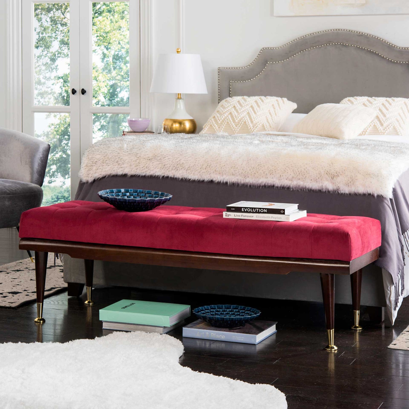 Eleanor Velvet Gold Cap Bench Maroon/Espresso