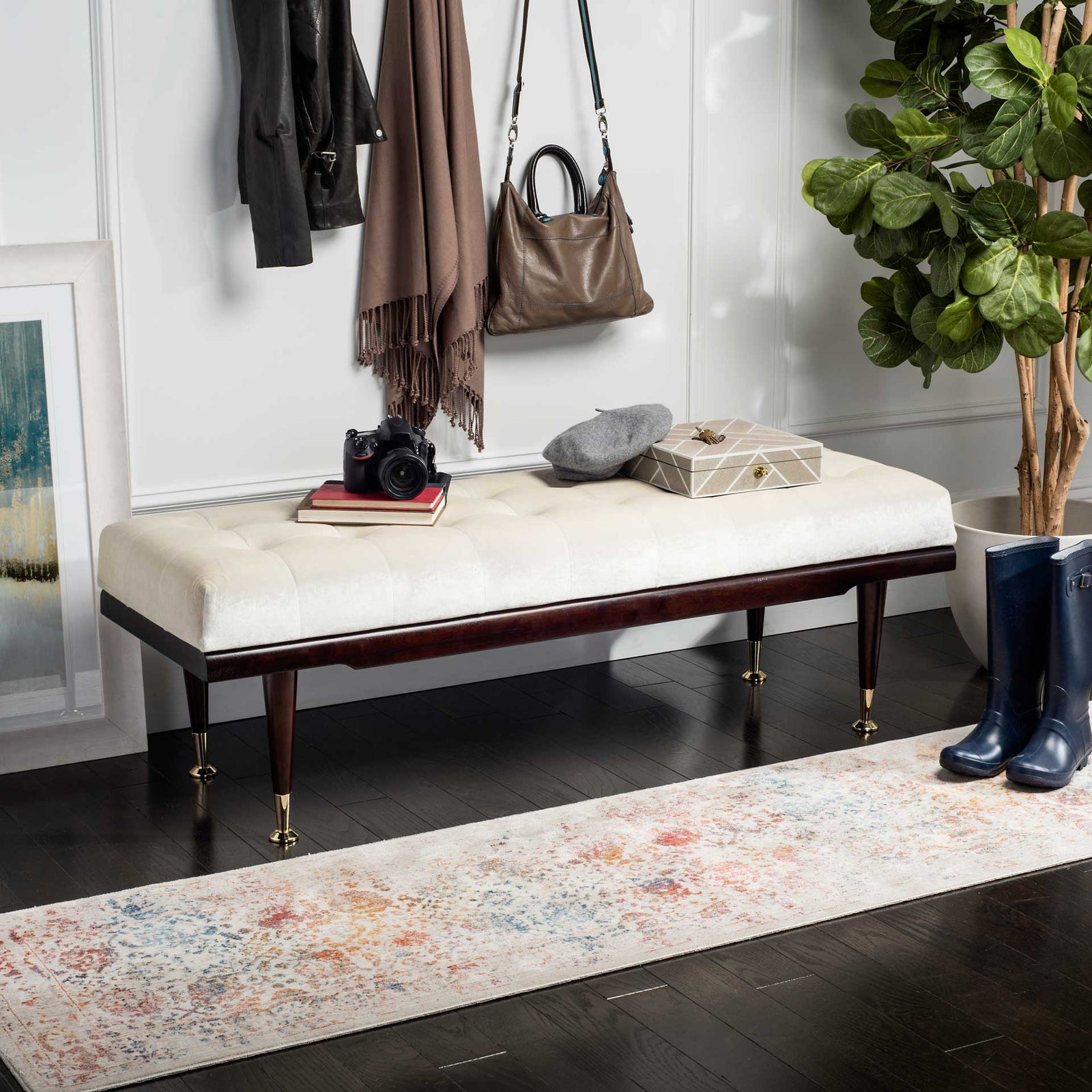 Eleanor Velvet Gold Cap Bench Beige/Espresso