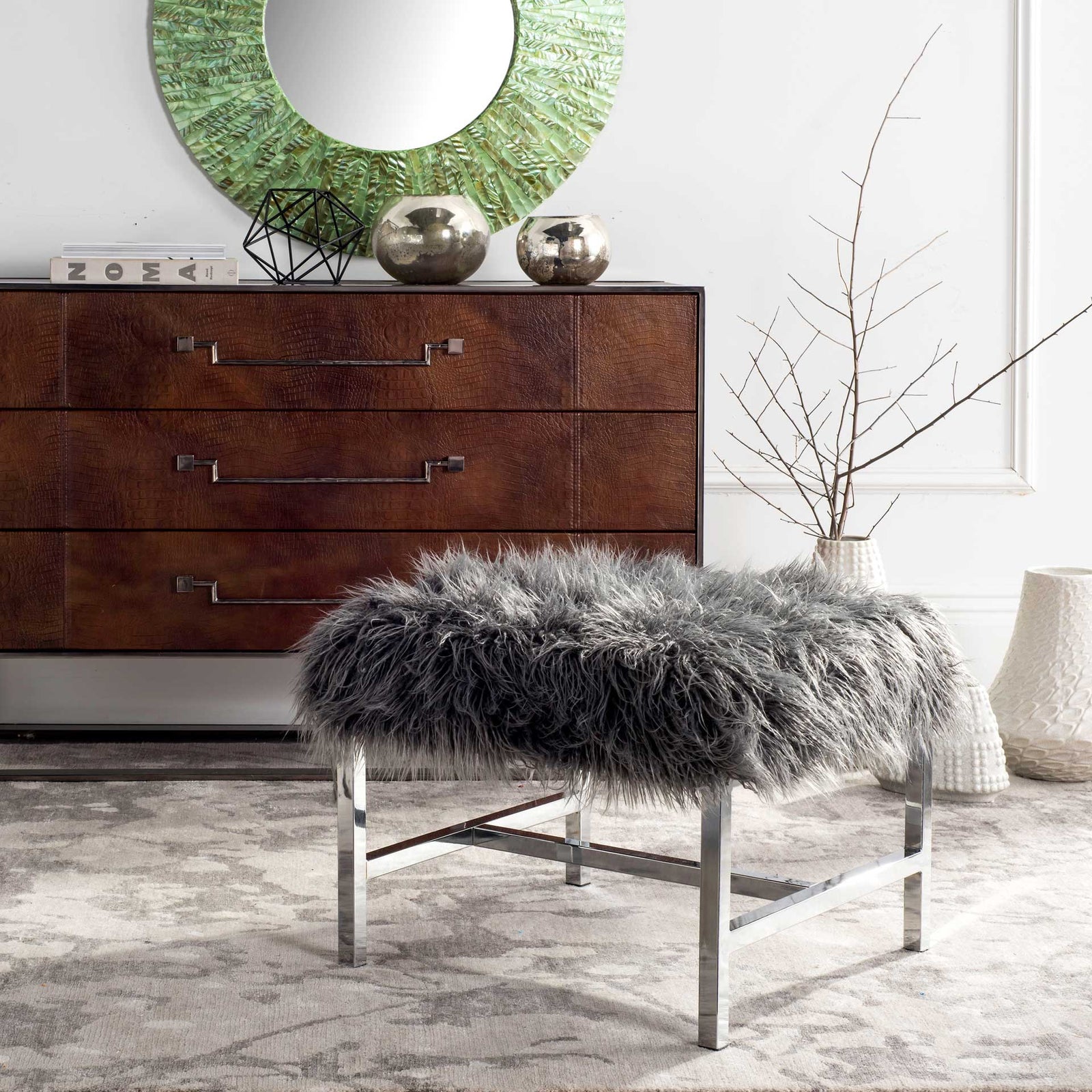 Hollingsworth Faux Sheepskin Square Bench Gray