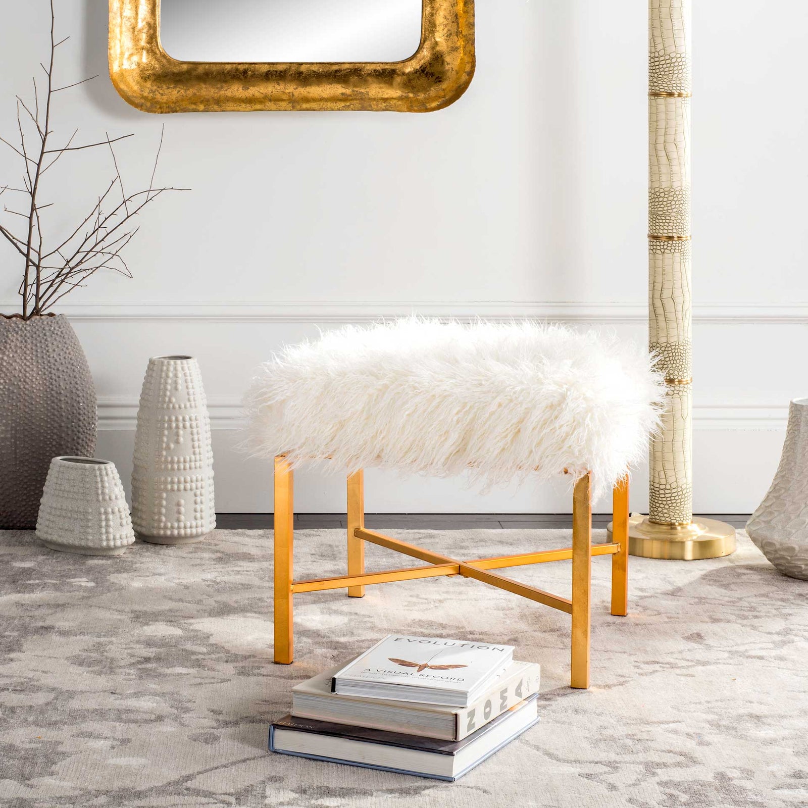 Hollingsworth Faux Sheepskin X- Square Bench White