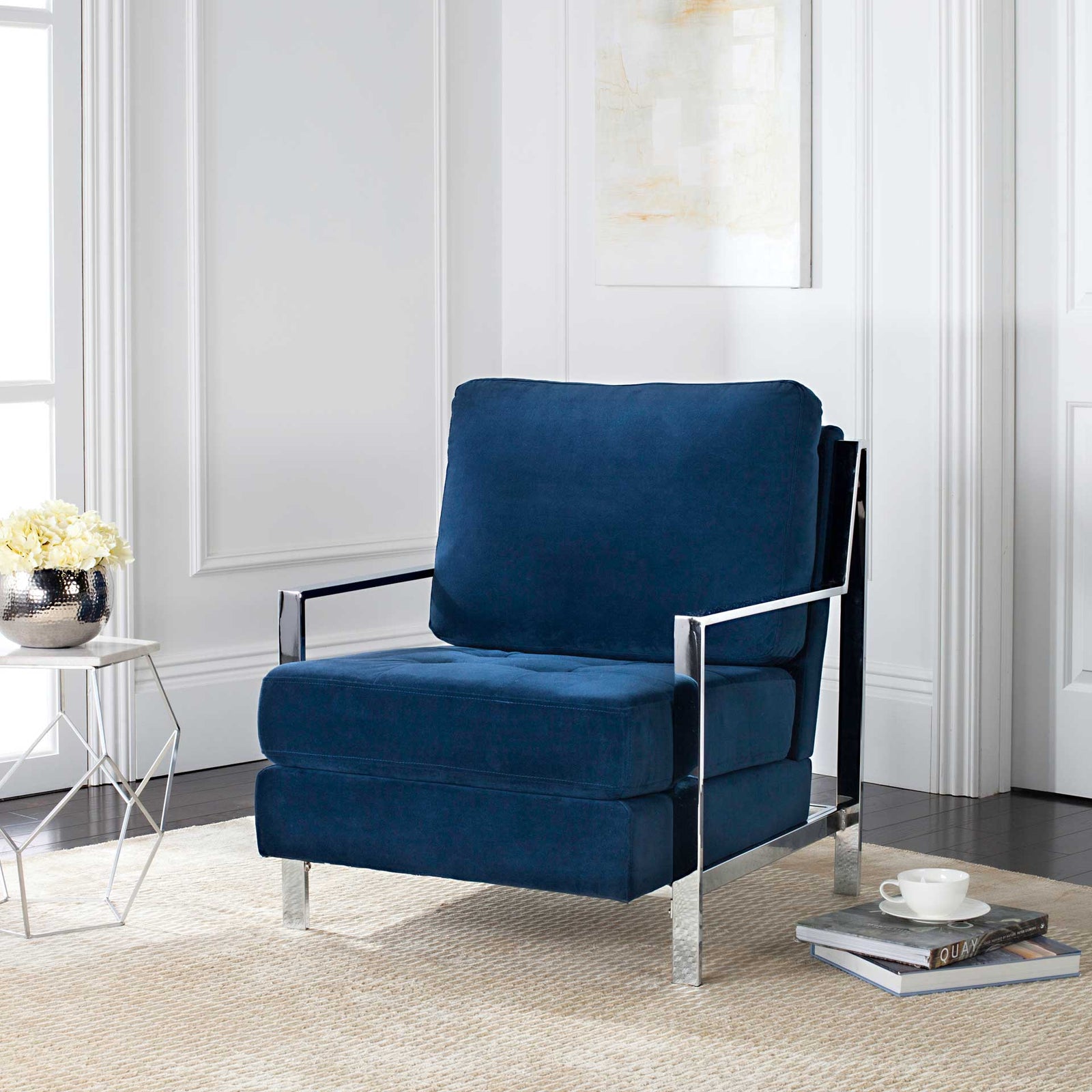 Waffle Tufted Velvet Chrome Accent Chair Navy