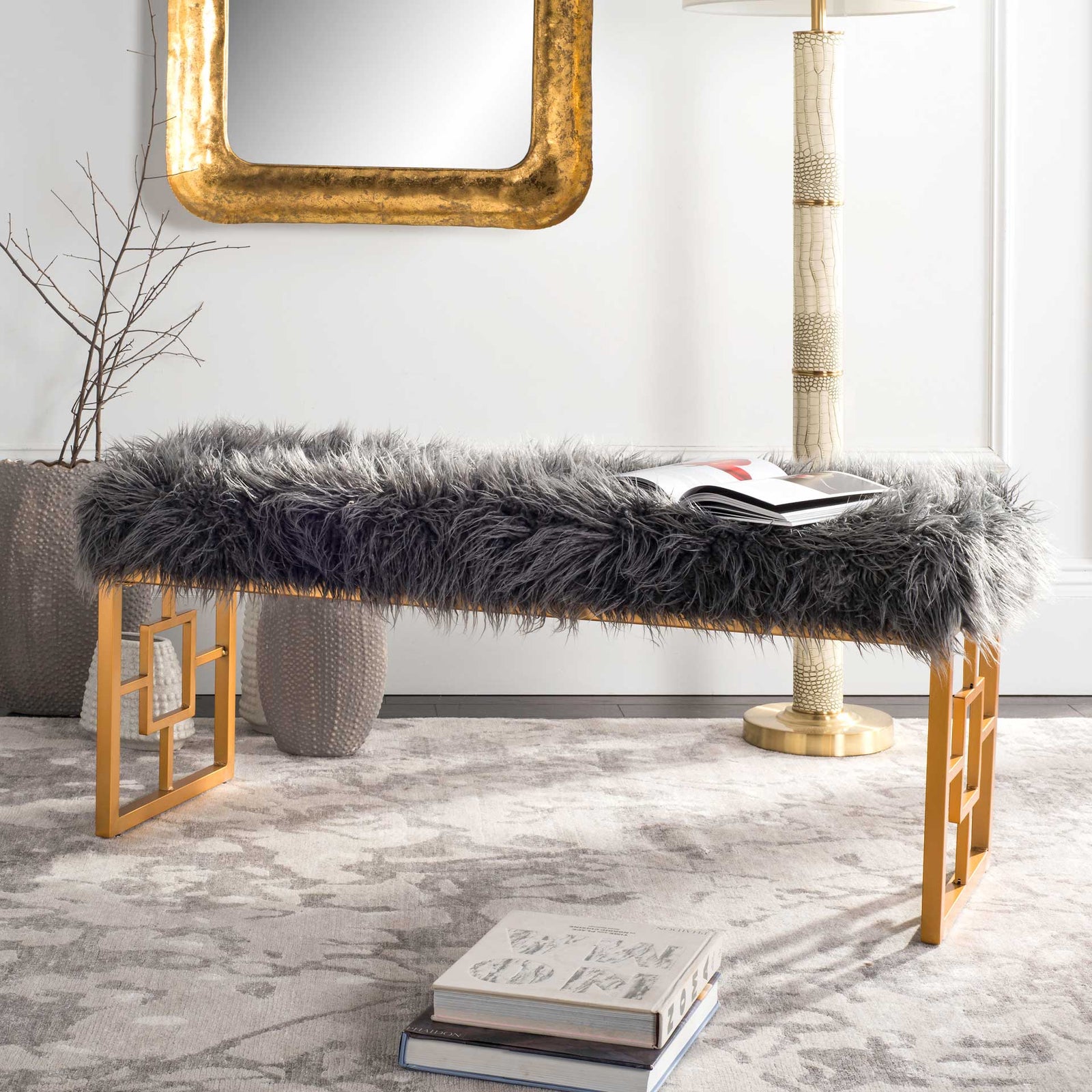 Meher Faux Sheepskin Bench Gray