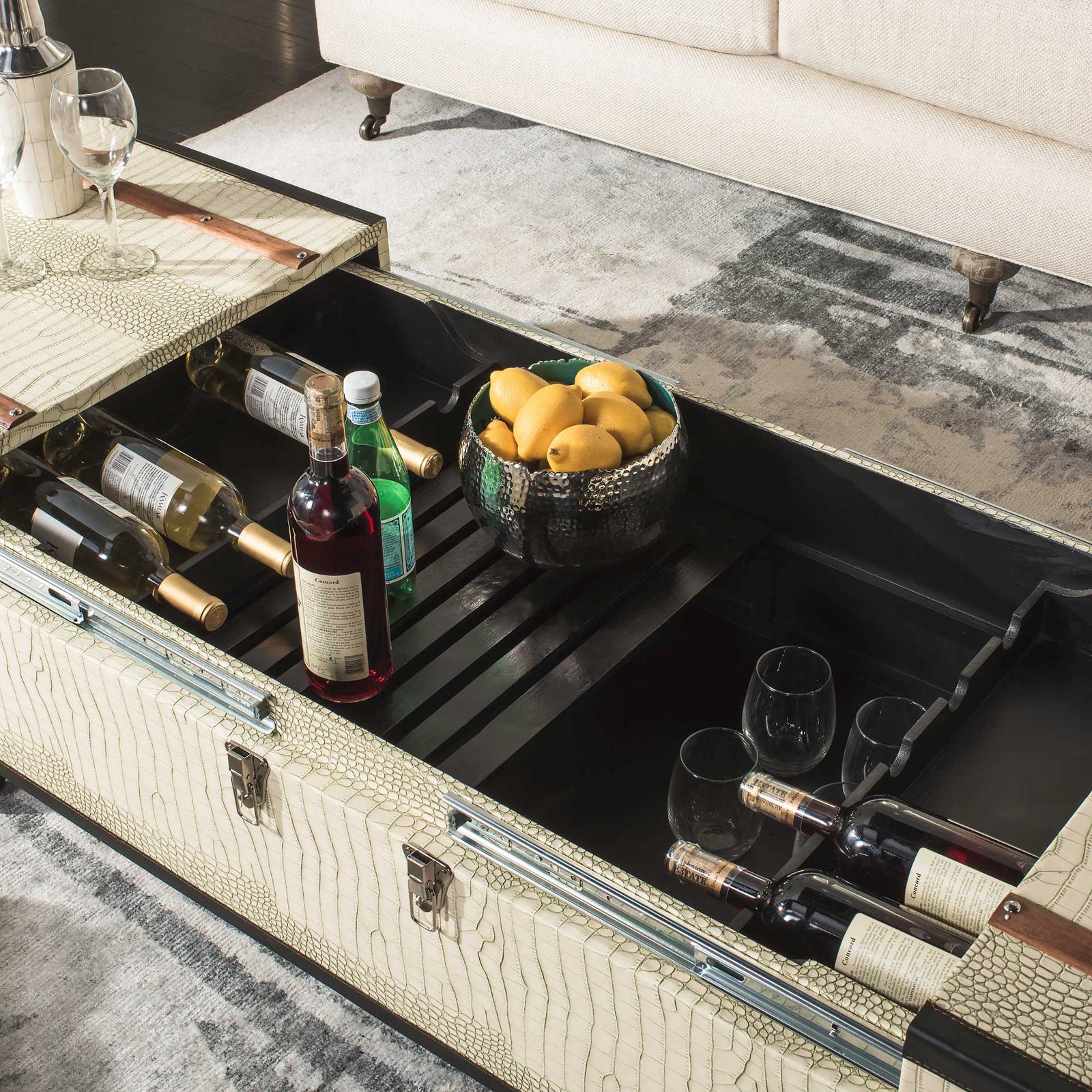 Zoey Coffee Table Storage Trunk With Wine Rack Cream