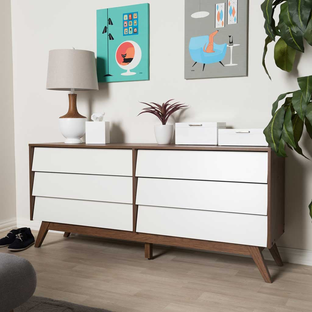 Hilson 6-Drawer Dresser White/Walnut