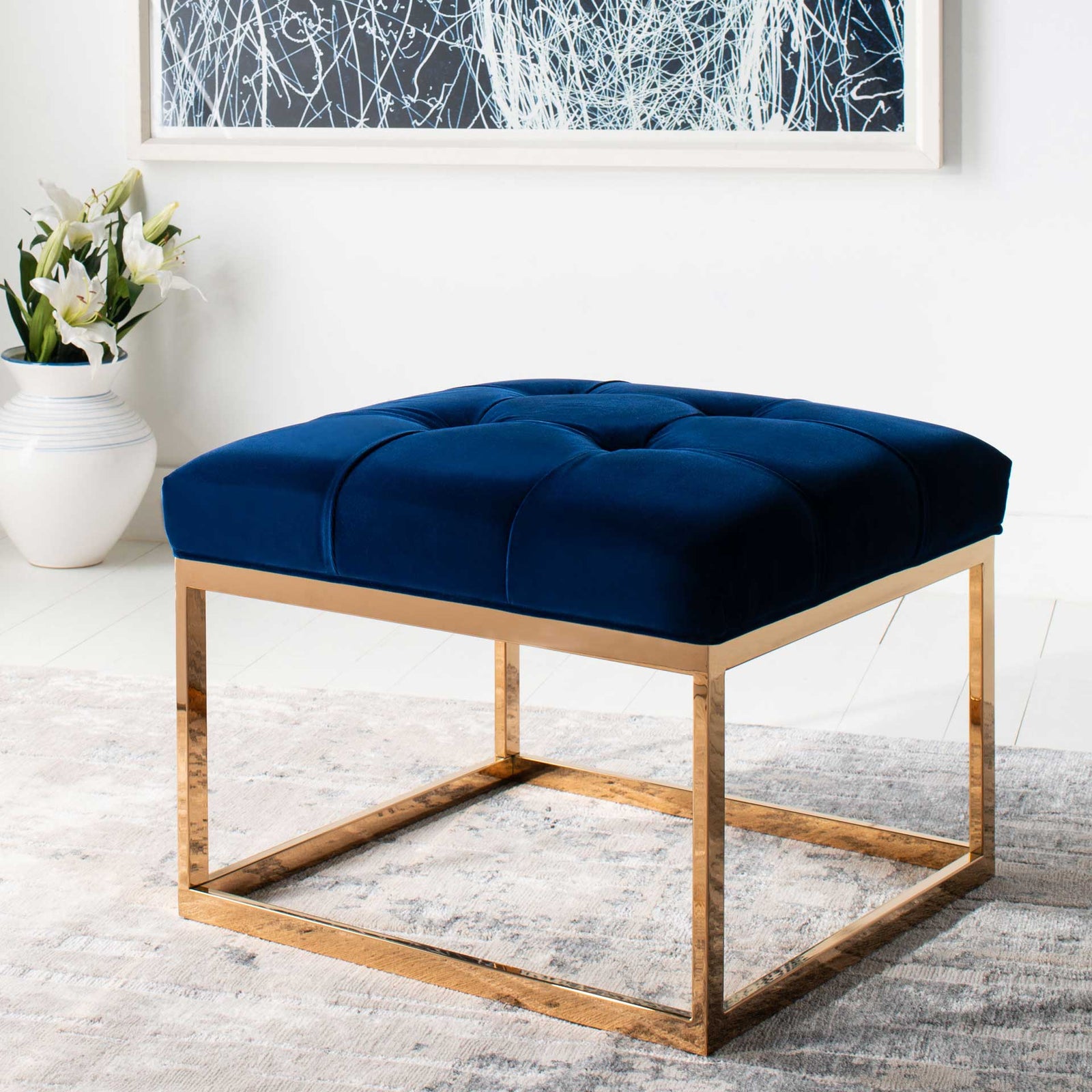 Simeon Navy Velvet Tufted Ottoman Giotto Navy