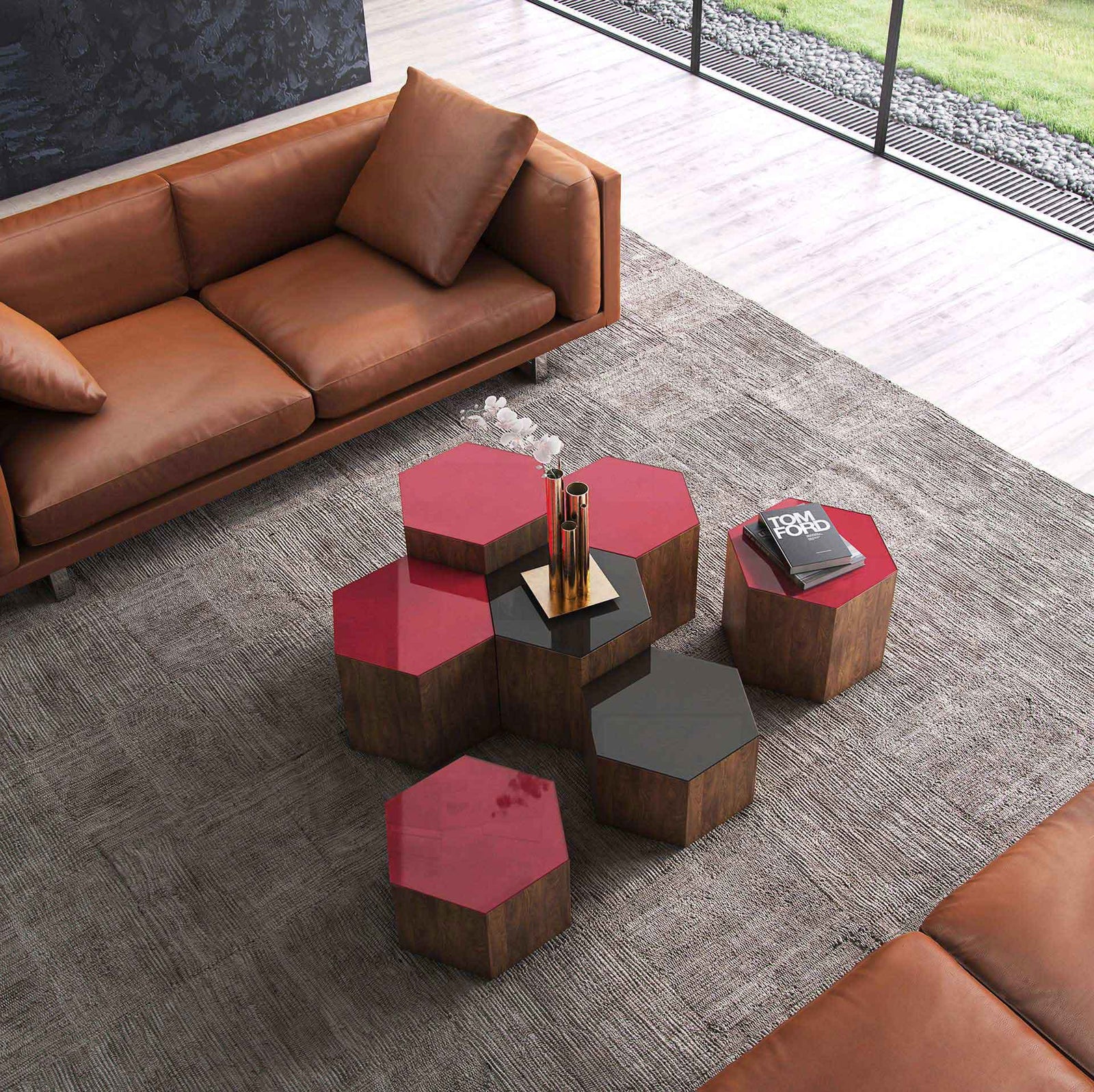 Centre Occasional Table Black Glass/Walnut