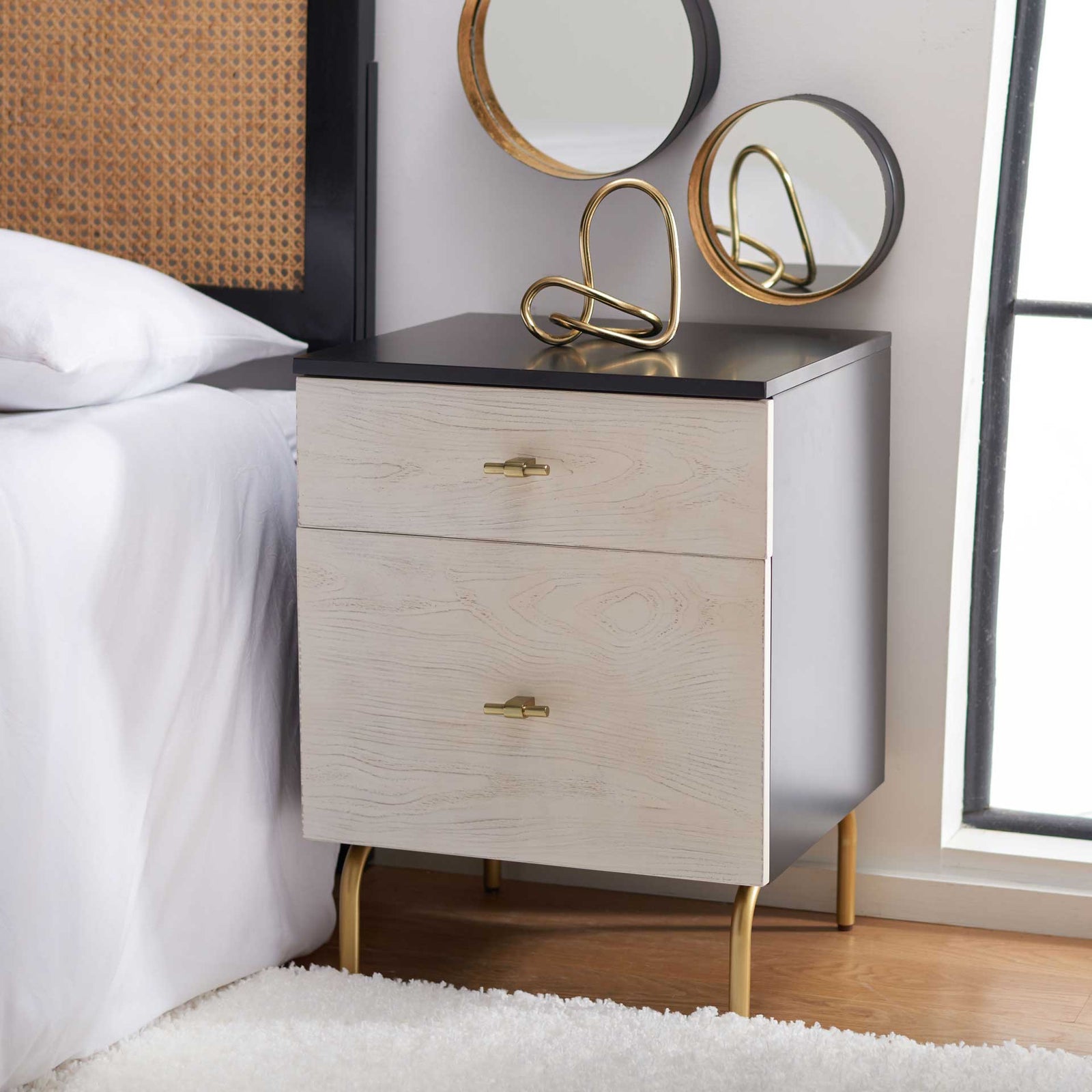 Gemma 2 Drawer Nightstand Black/White Washed