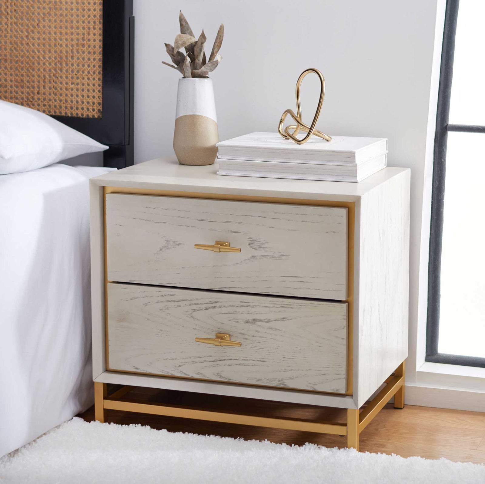 Femi 2 Drawer Nightstand White Washed/Brass
