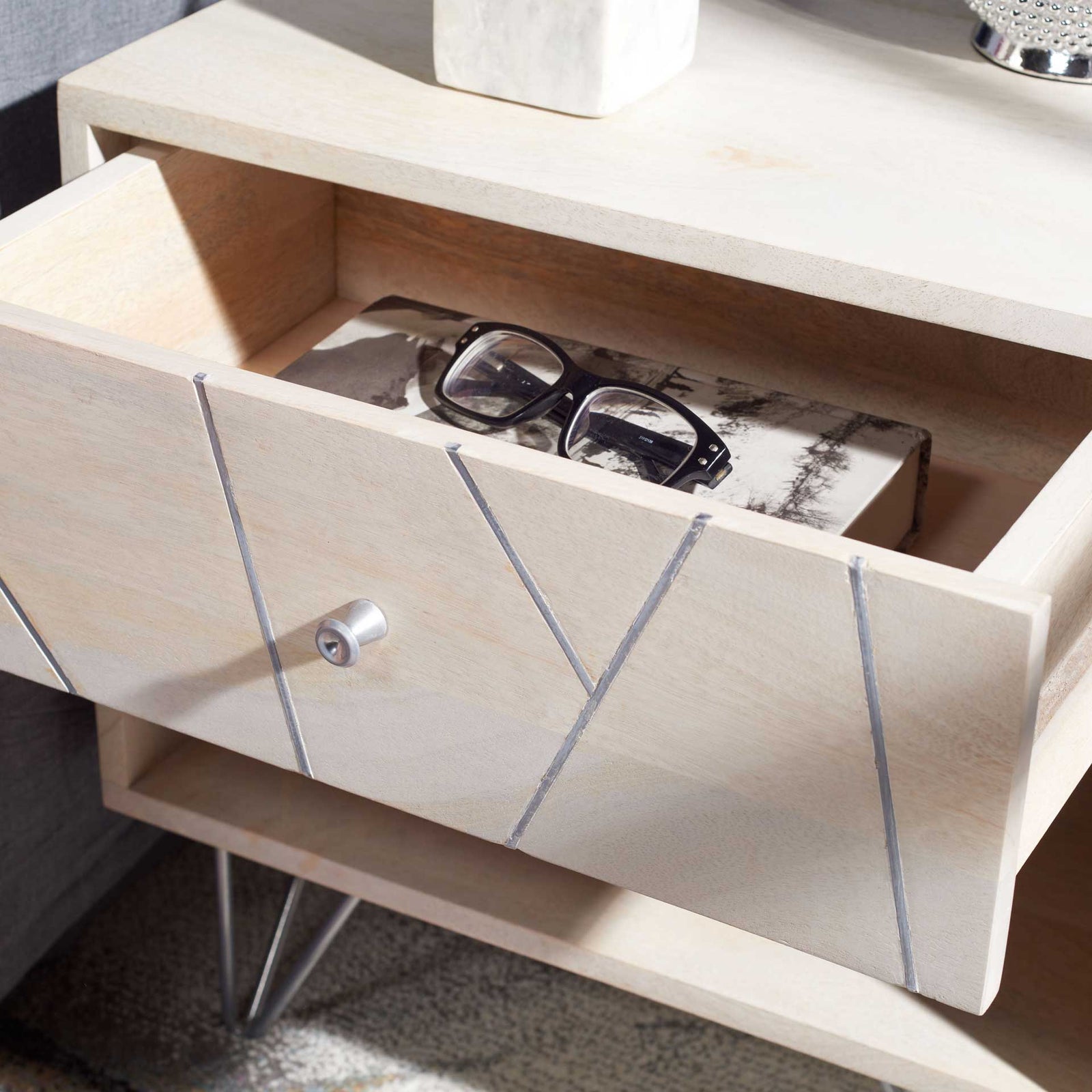 Macey Nightstand White Wash/Silver