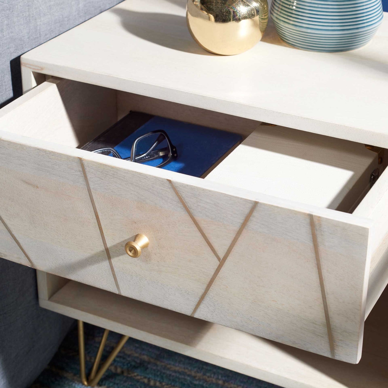 Macey Nightstand White Wash/Brass