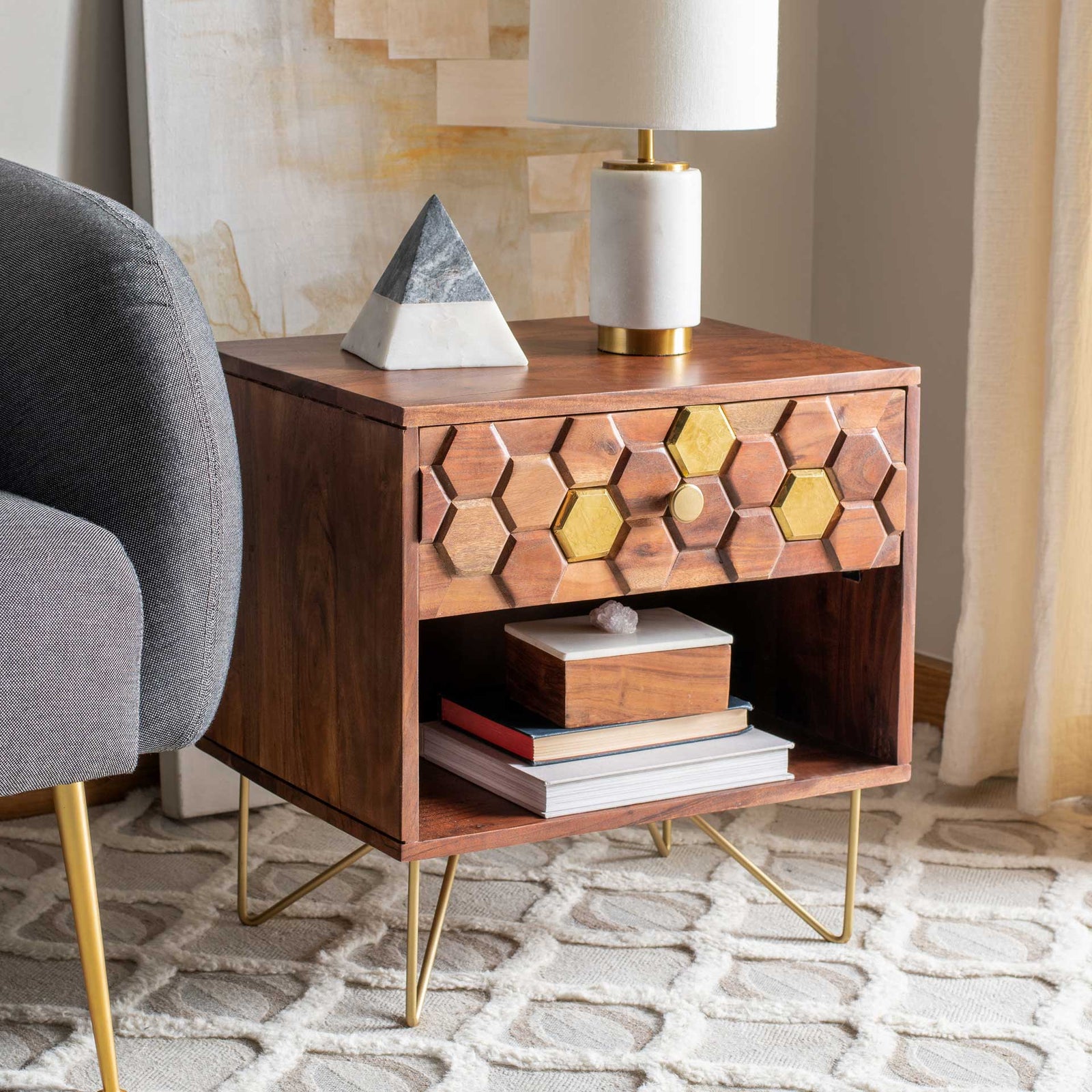 Ray Nightstand Mix Walnut/Brass