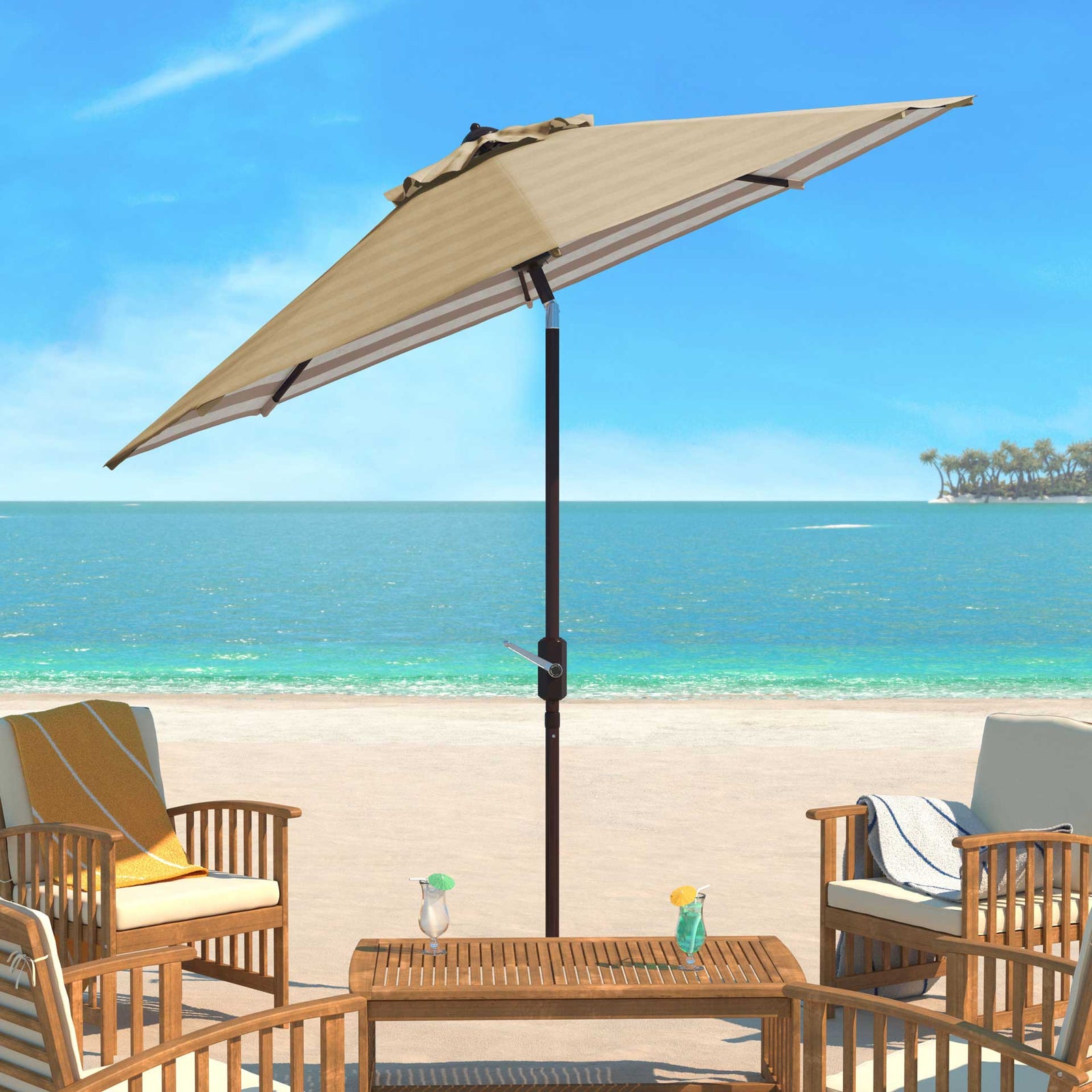 Atara Striped Outdoor Auto Tilt Umbrella Beige/White
