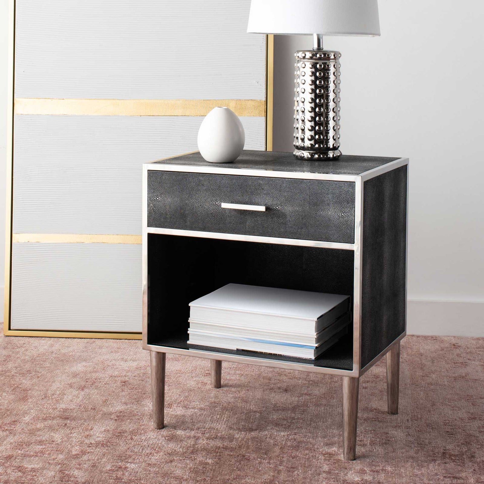 Tanzania Faux Shagreen Nightstand Black/Silver