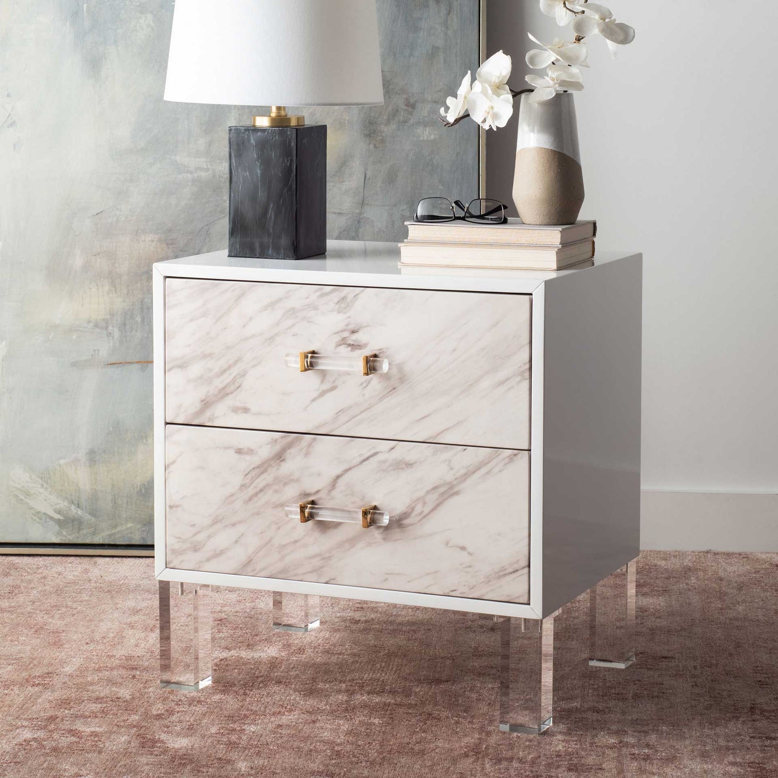 Array 2-Drawer Faux Marble Nightstand White/Clear