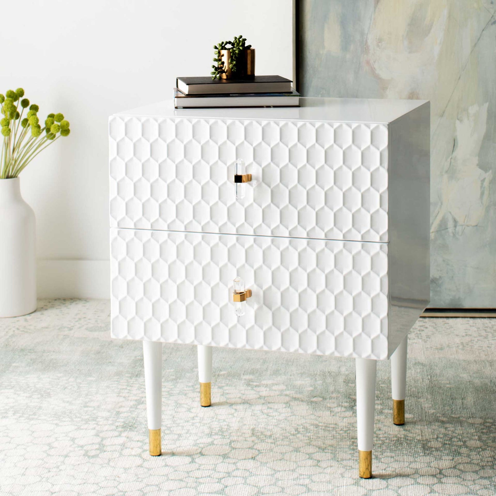 Nevaeh 2 Drawer Side Table White/Gold