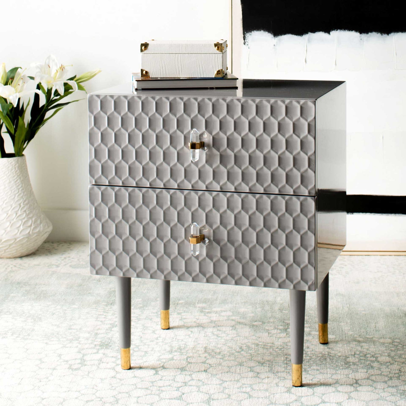 Nevaeh 2 Drawer Side Table Gray/Gold