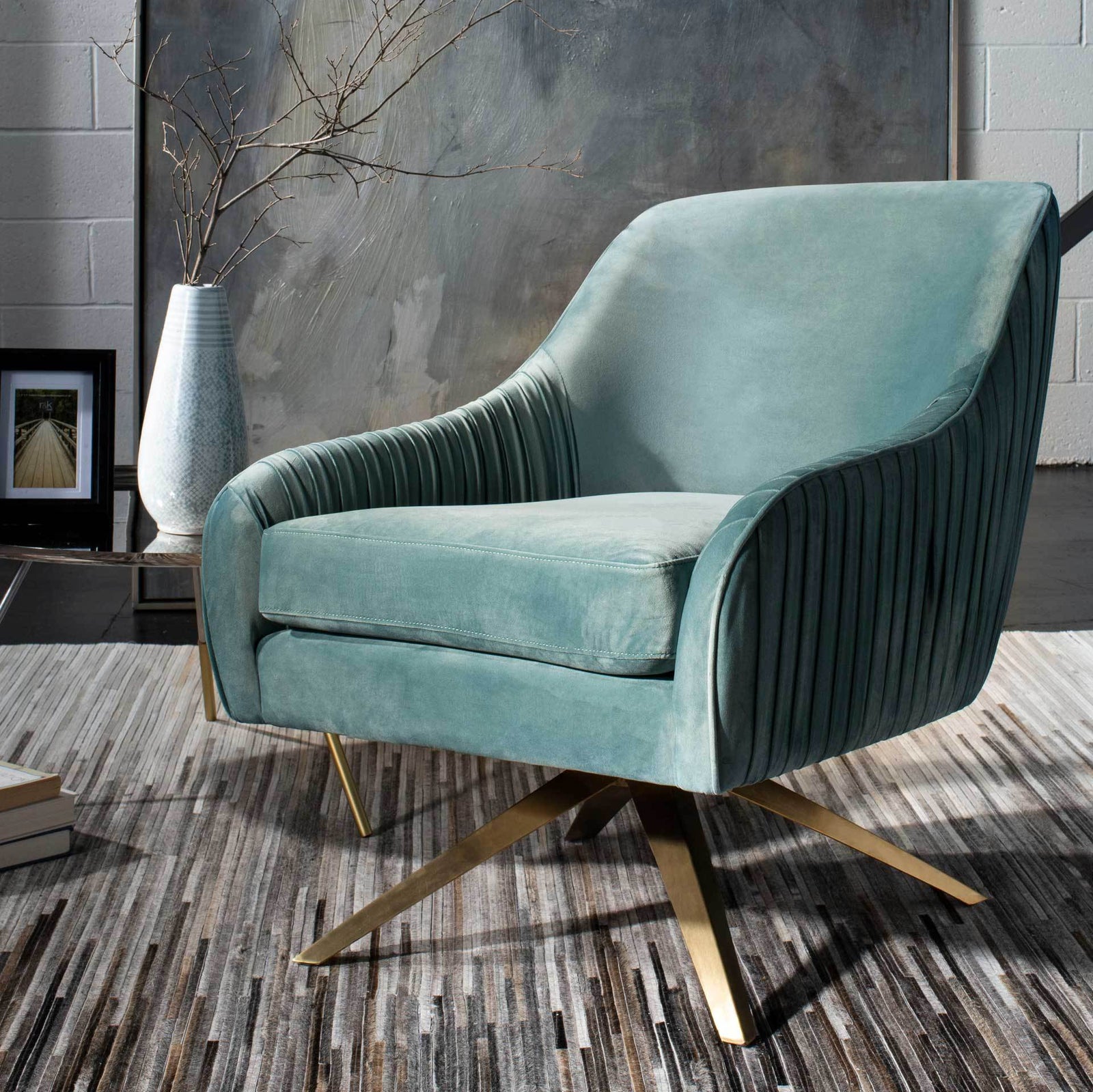 Titus Pleated Arm Chair Seafoam/Gold