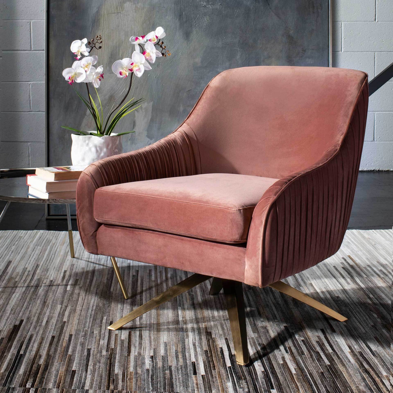 Titus Pleated Arm Chair Dusty Rose/Gold