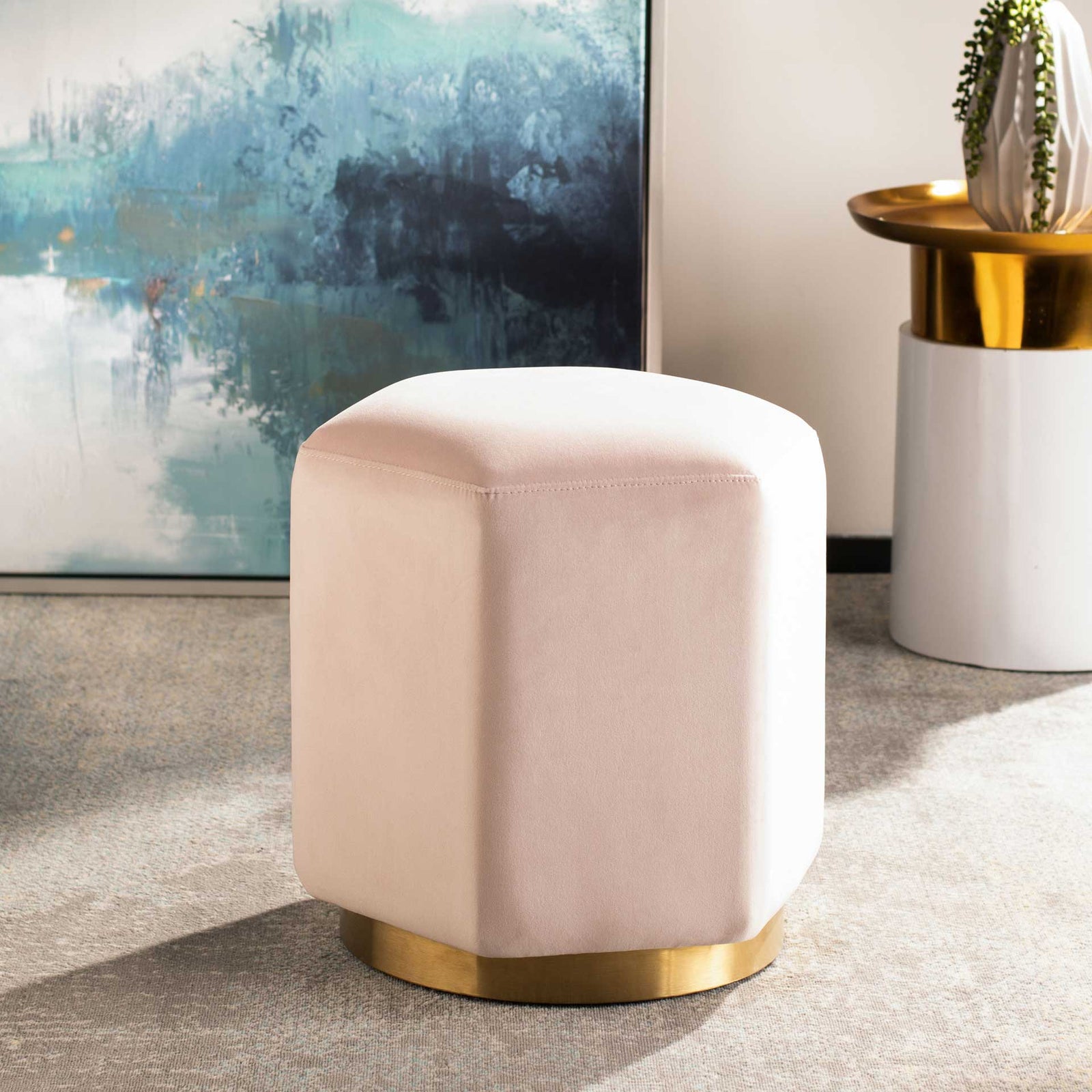 Pedro Hexagon Velvet Ottoman Light Pink