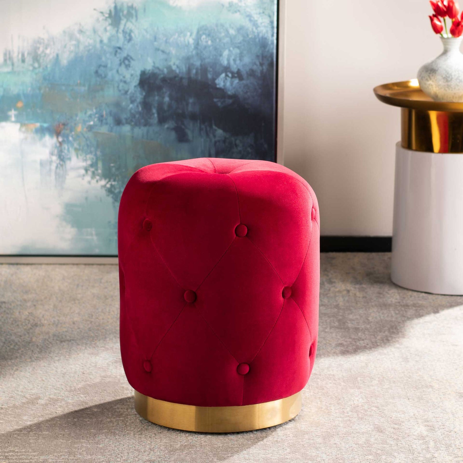 Carine Round Tufted Ottoman Ruby