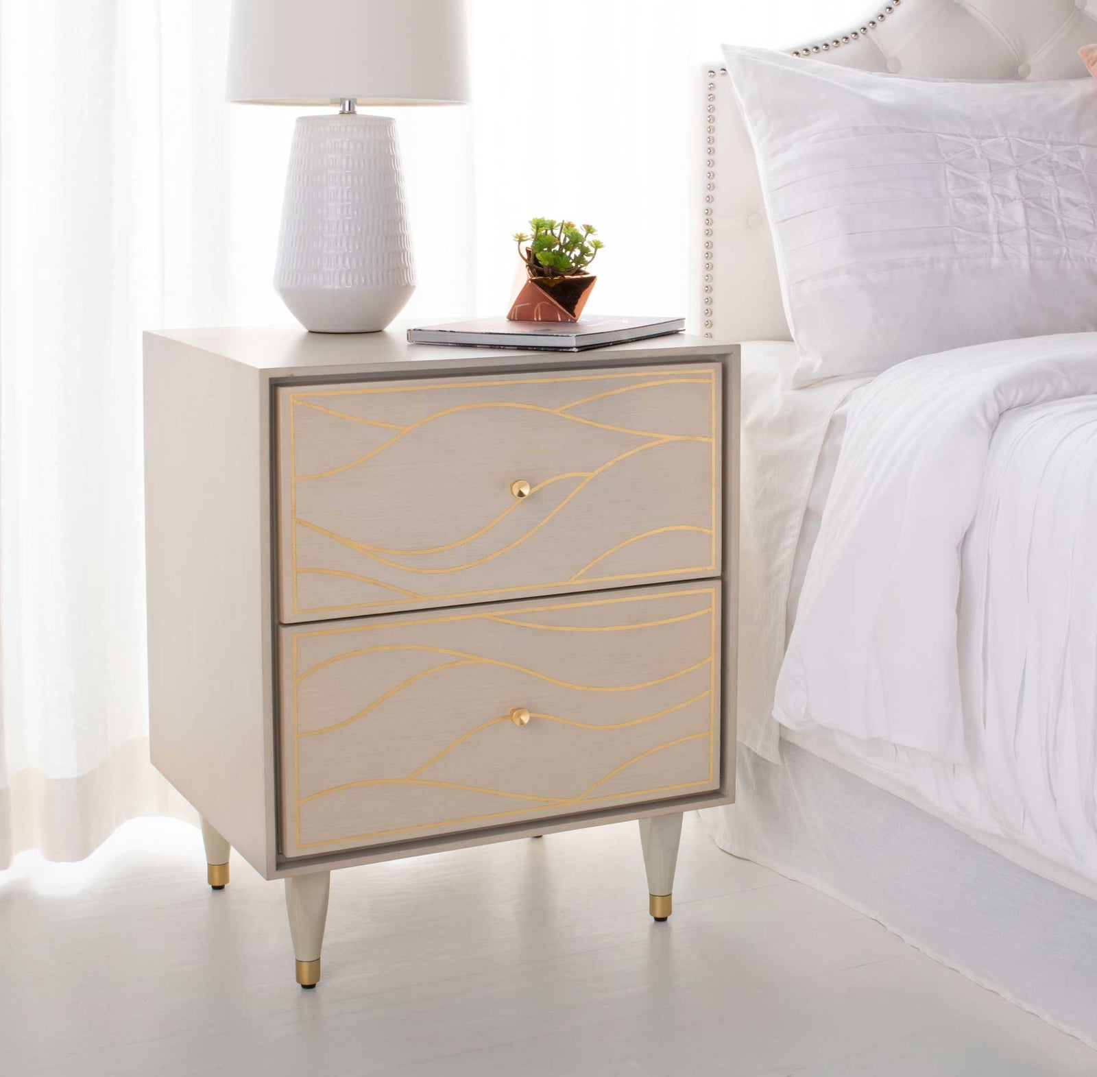Brett Antique Gold Wave Nightstand White/Gold